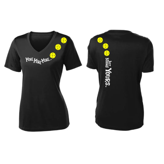 Mine JK Yours (Pickleballs Red White Yellow) | Women's Short Sleeve V-Neck Pickleball Performance T-Shirts | 100% Polyester