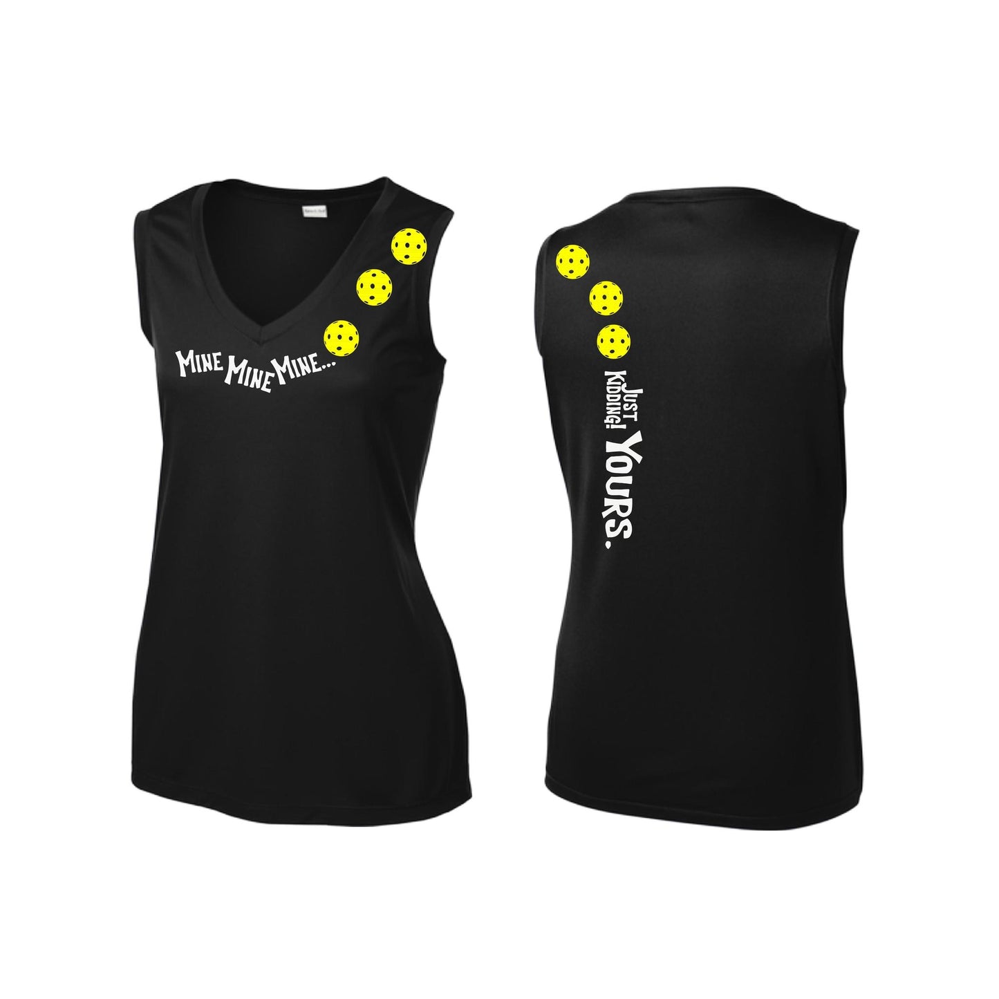 Mine JK Yours (Pickleballs Red White Yellow) | Women’s Sleeveless Athletic Performance T-Shirt | 100% Polyester