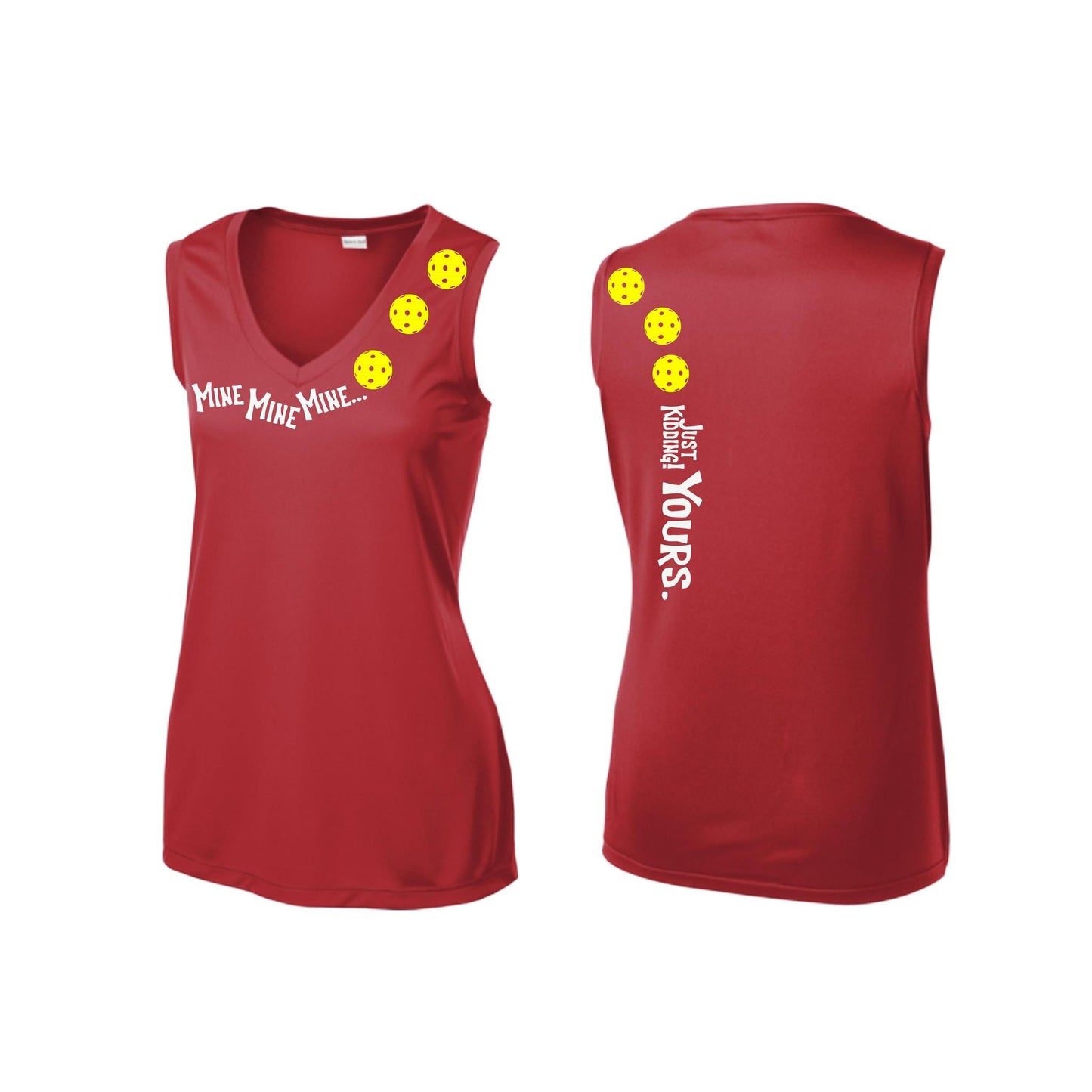 Mine JK Yours (Pickleballs Red White Yellow) | Women’s Sleeveless Athletic Performance T-Shirt | 100% Polyester