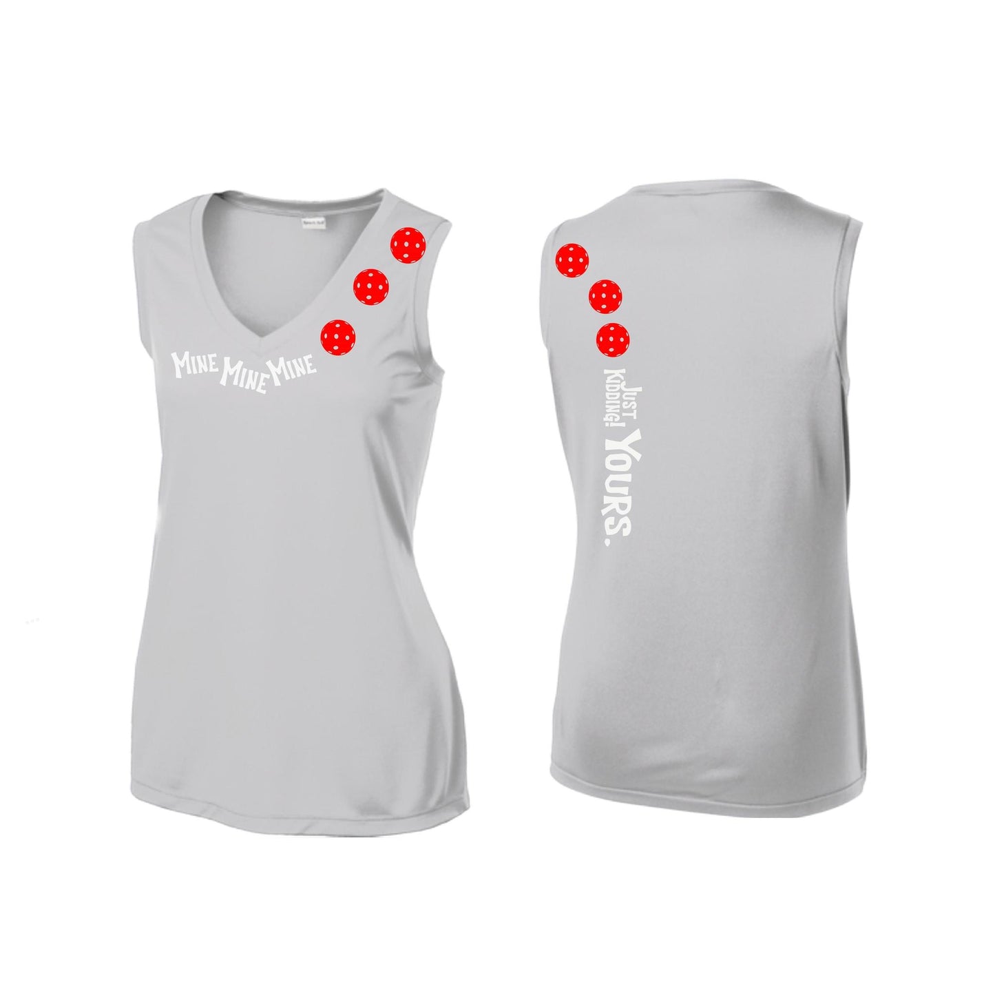 Mine JK Yours (Pickleballs Red White Yellow) | Women’s Sleeveless Athletic Performance T-Shirt | 100% Polyester
