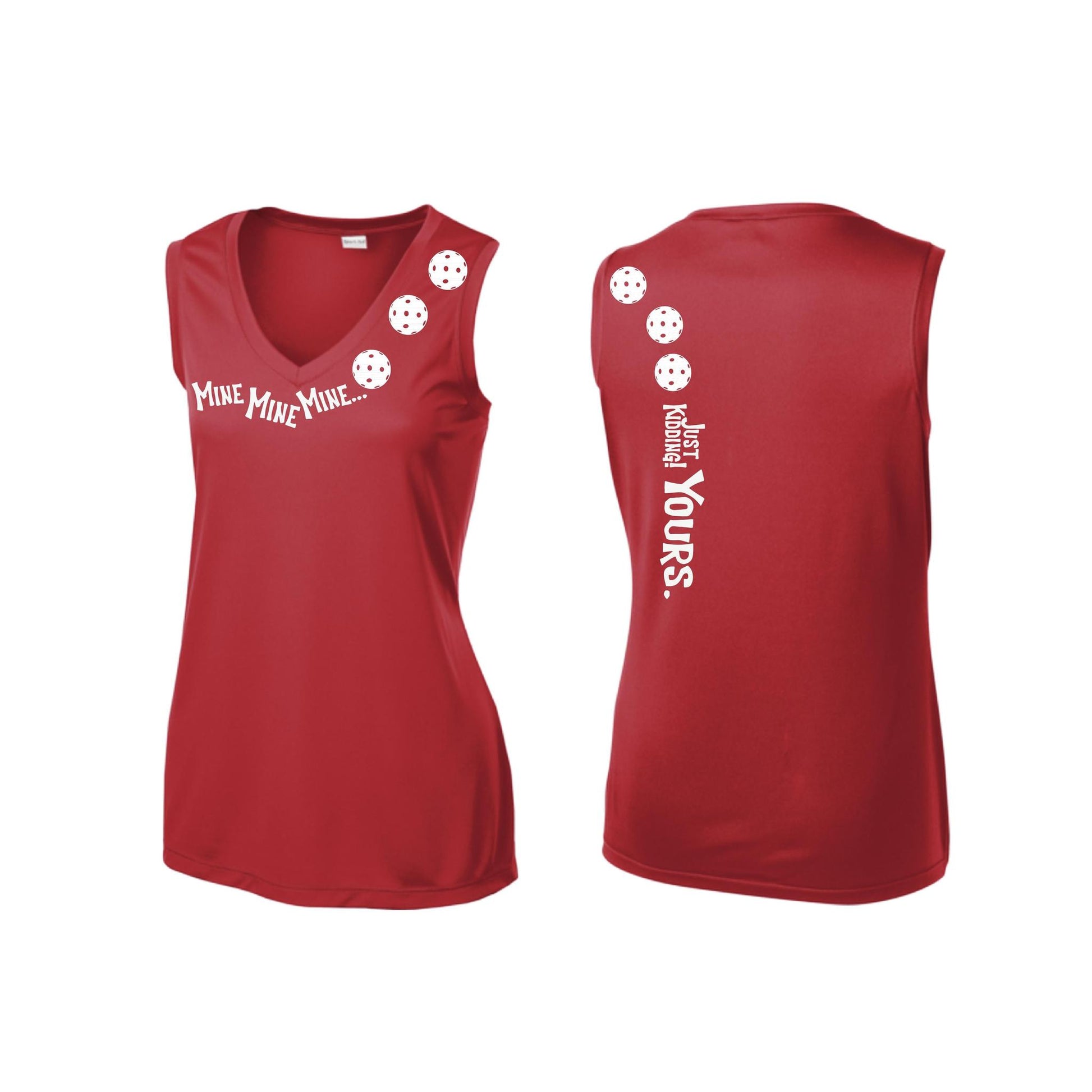 Mine JK Yours (Pickleballs Red White Yellow) | Women’s Sleeveless Athletic Performance T-Shirt | 100% Polyester