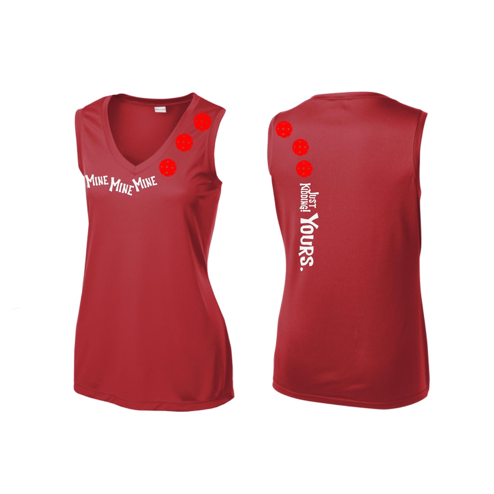 Mine JK Yours (Pickleballs Red White Yellow) | Women’s Sleeveless Athletic Performance T-Shirt | 100% Polyester