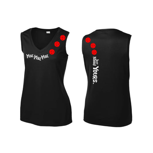 Mine JK Yours (Pickleballs Red White Yellow) | Women’s Sleeveless Athletic Performance T-Shirt | 100% Polyester