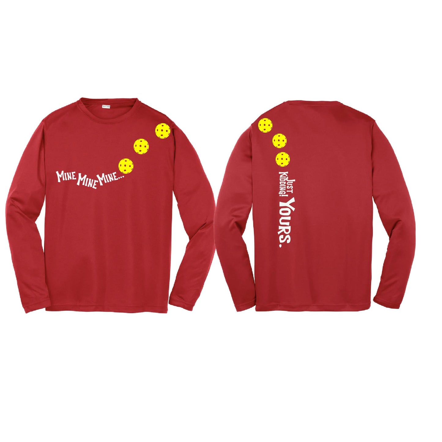 Mine JK Yours (Pickleballs Red White Yellow) | Youth Long Sleeve Pickleball Performance T-Shirts | 100% Polyester