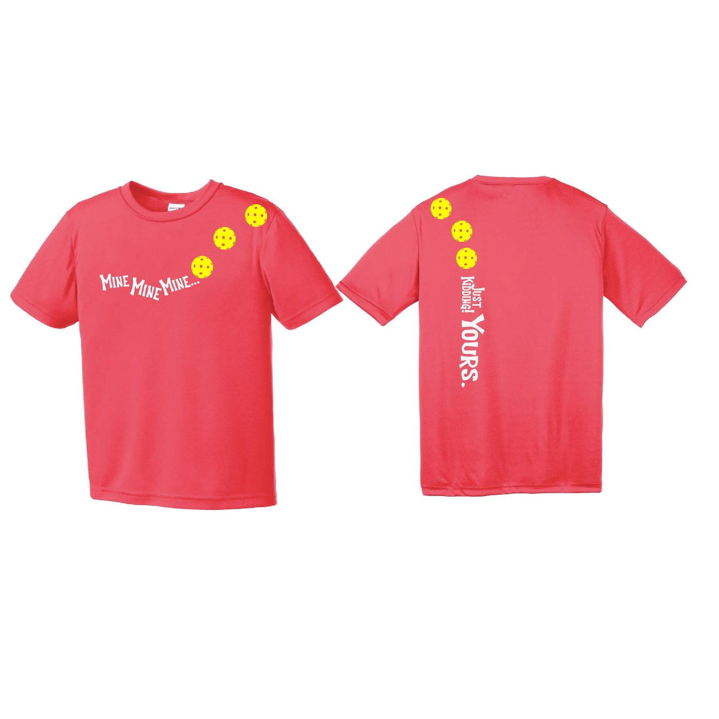 Mine JK Yours (Pickleballs Red White Yellow) | Youth Short Sleeve Pickleball Performance T-Shirts | 100% Polyester