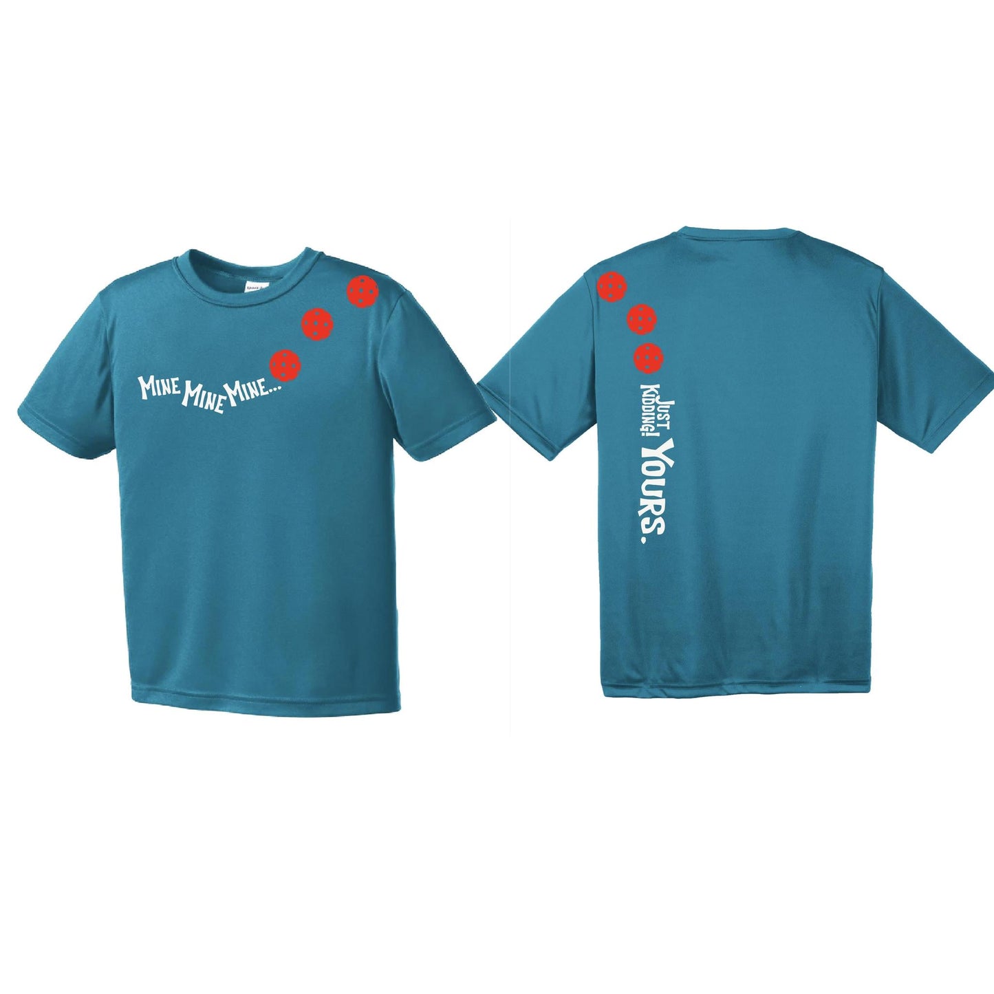 Mine JK Yours (Pickleballs Red White Yellow) | Youth Short Sleeve Pickleball Performance T-Shirts | 100% Polyester
