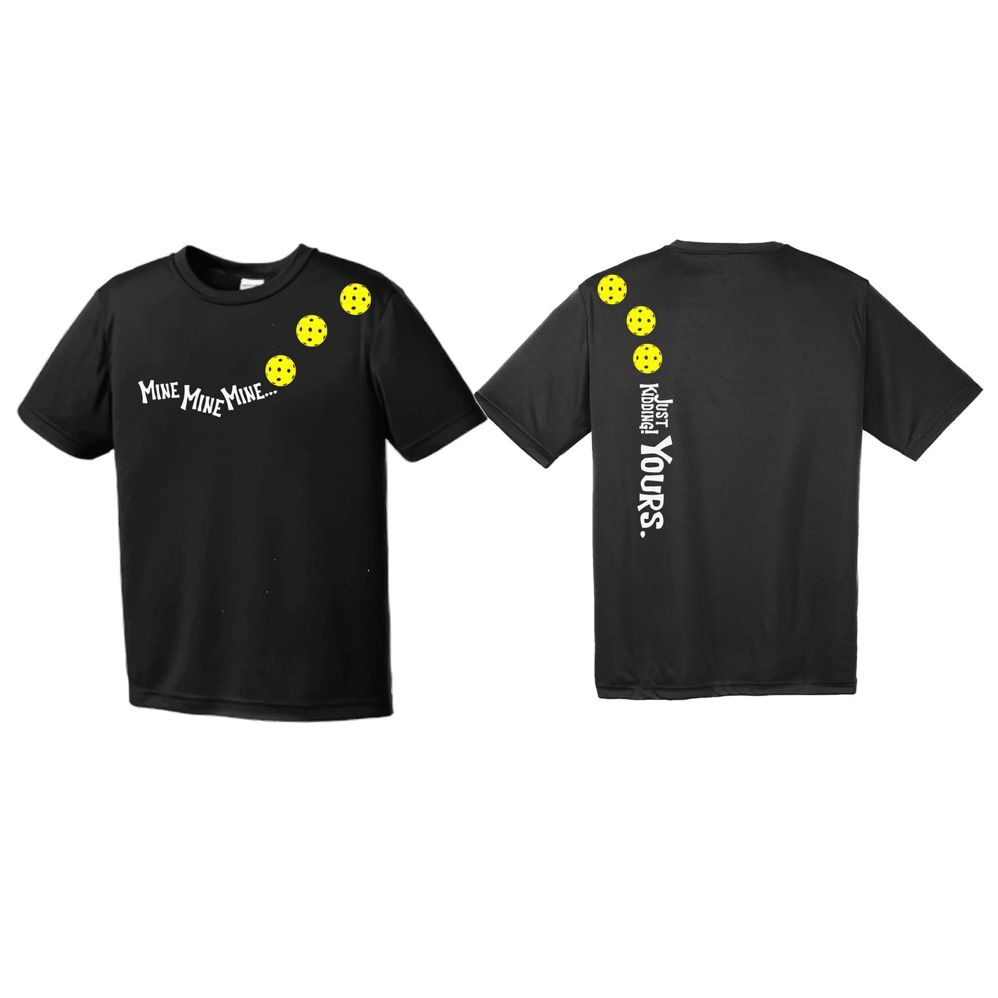 Mine JK Yours (Pickleballs Red White Yellow) | Youth Short Sleeve Pickleball Performance T-Shirts | 100% Polyester