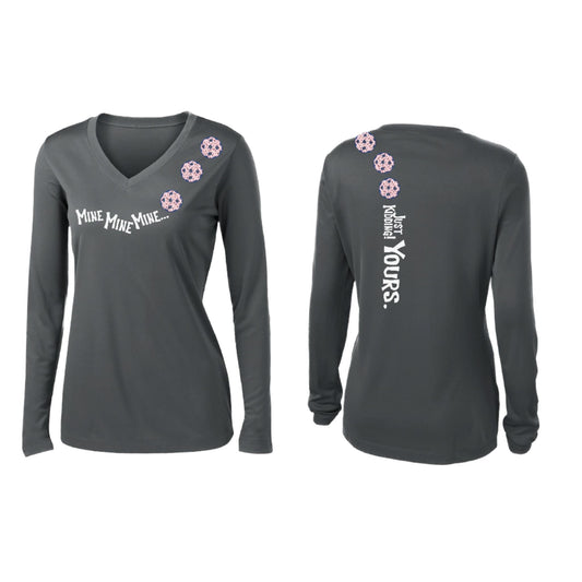 Mine JK Yours (Pickleballs With Stars) | Women’s Long Sleeve V-Neck Pickleball Performance T-Shirt | 100% Polyester