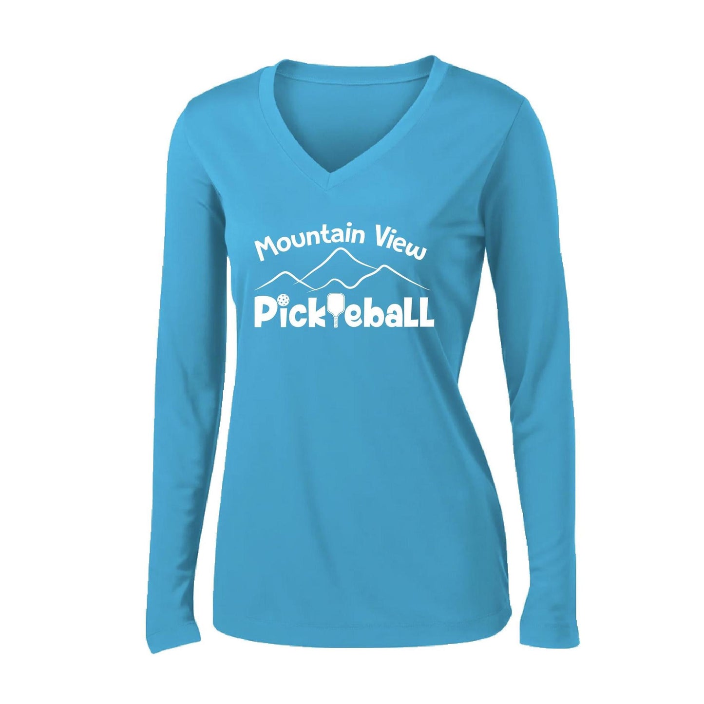 Mountain View Pickleball Club | Women's Long Sleeve V-Neck Pickleball Performance T-Shirts | 100% Polyester