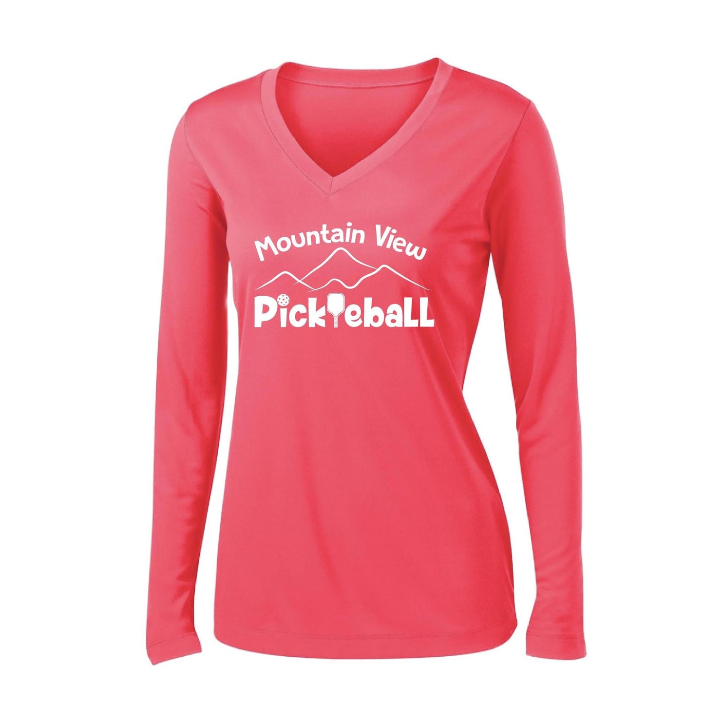 Mountain View Pickleball Club | Women's Long Sleeve V-Neck Pickleball Performance T-Shirts | 100% Polyester