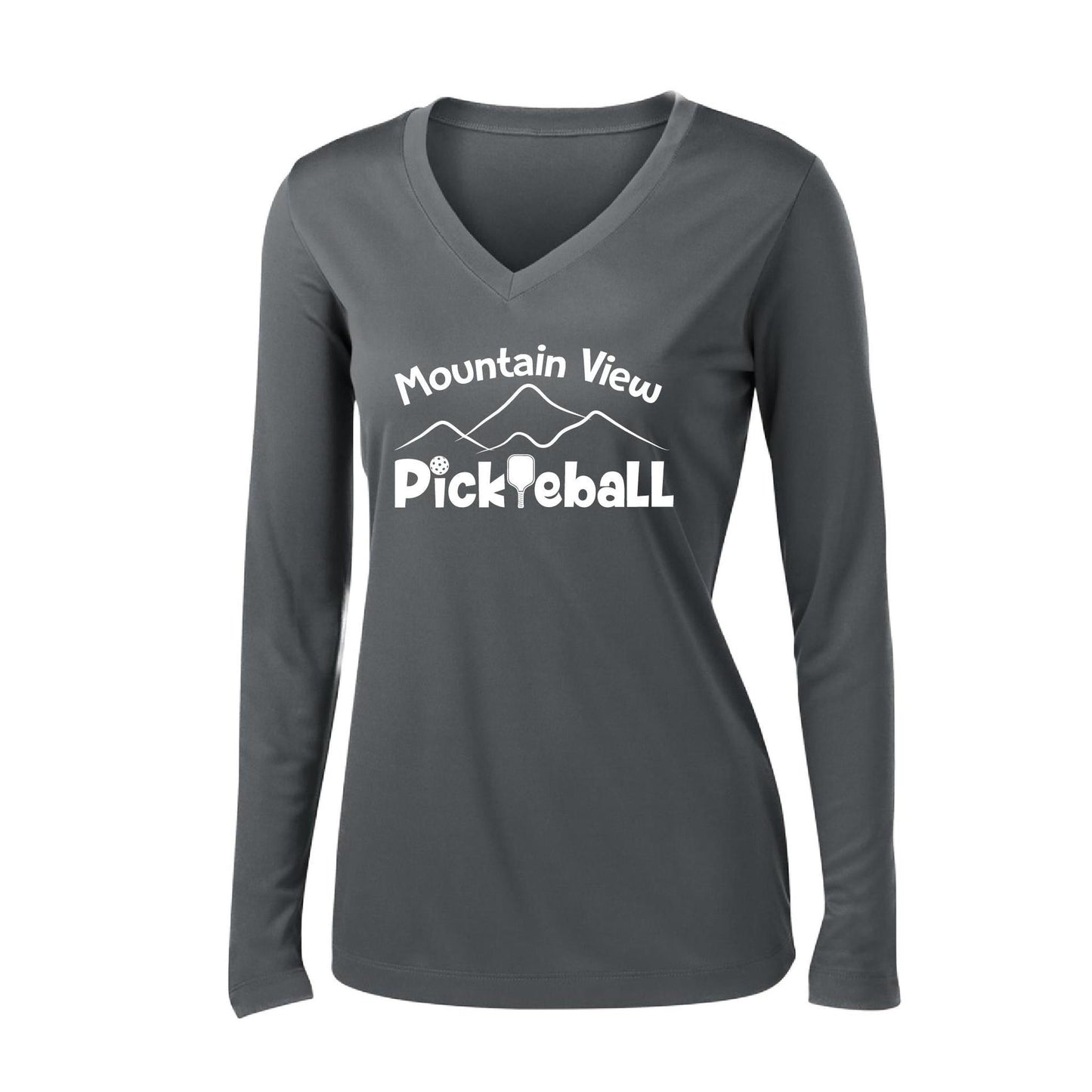 Mountain View Pickleball Club | Women's Long Sleeve V-Neck Pickleball Performance T-Shirts | 100% Polyester