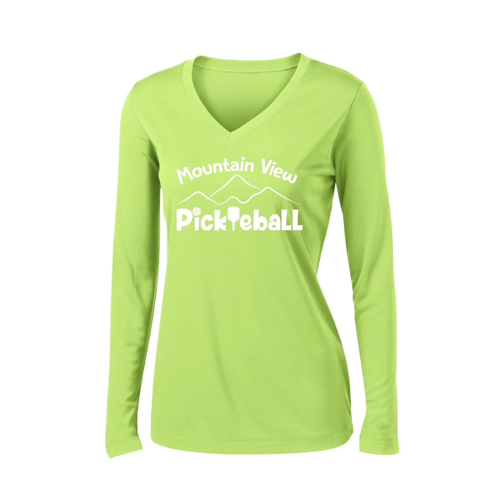 Mountain View Pickleball Club | Women's Long Sleeve V-Neck Pickleball Performance T-Shirts | 100% Polyester