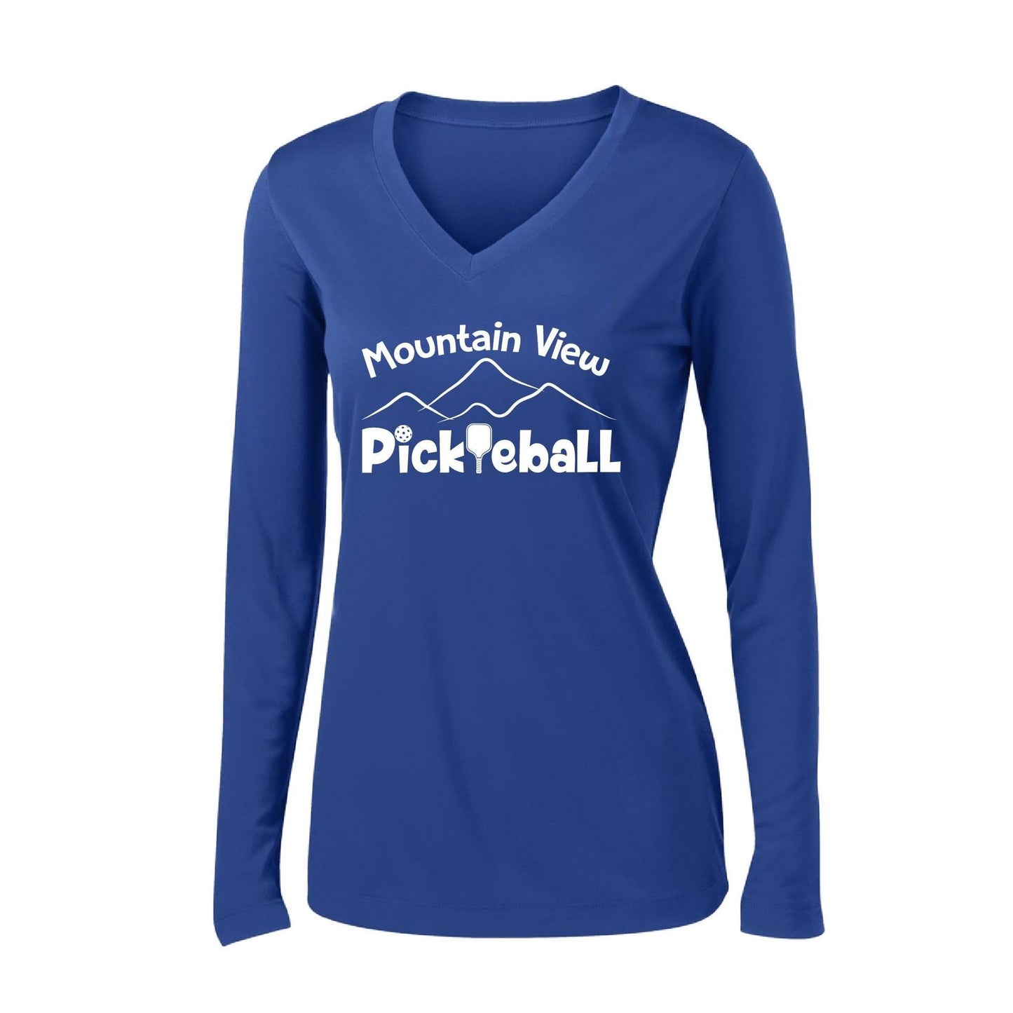 Mountain View Pickleball Club | Women's Long Sleeve V-Neck Pickleball Performance T-Shirts | 100% Polyester