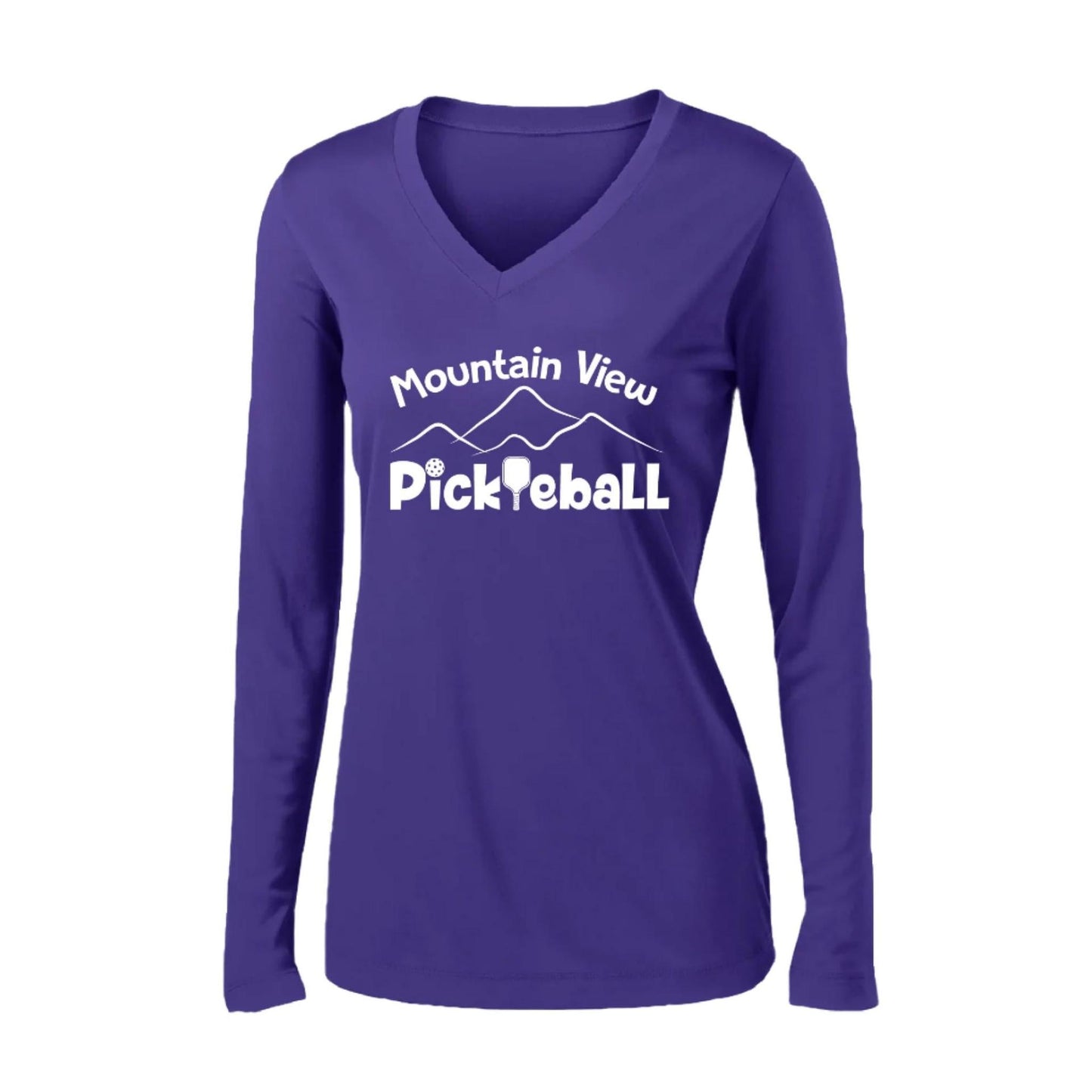 Mountain View Pickleball Club | Women's Long Sleeve V-Neck Pickleball Performance T-Shirts | 100% Polyester