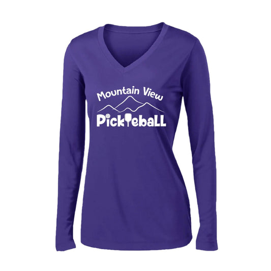Mountain View Pickleball Club | Women's Long Sleeve V-Neck Pickleball Performance T-Shirts | 100% Polyester
