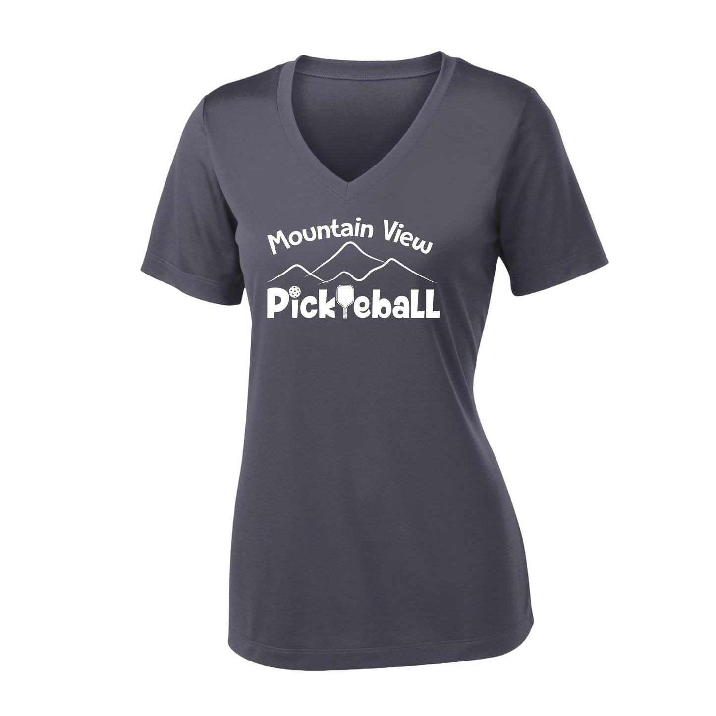 Mountain View Pickleball Club | Women's Short Sleeve V-Neck Pickleball Performance T-Shirts | 100% Polyester