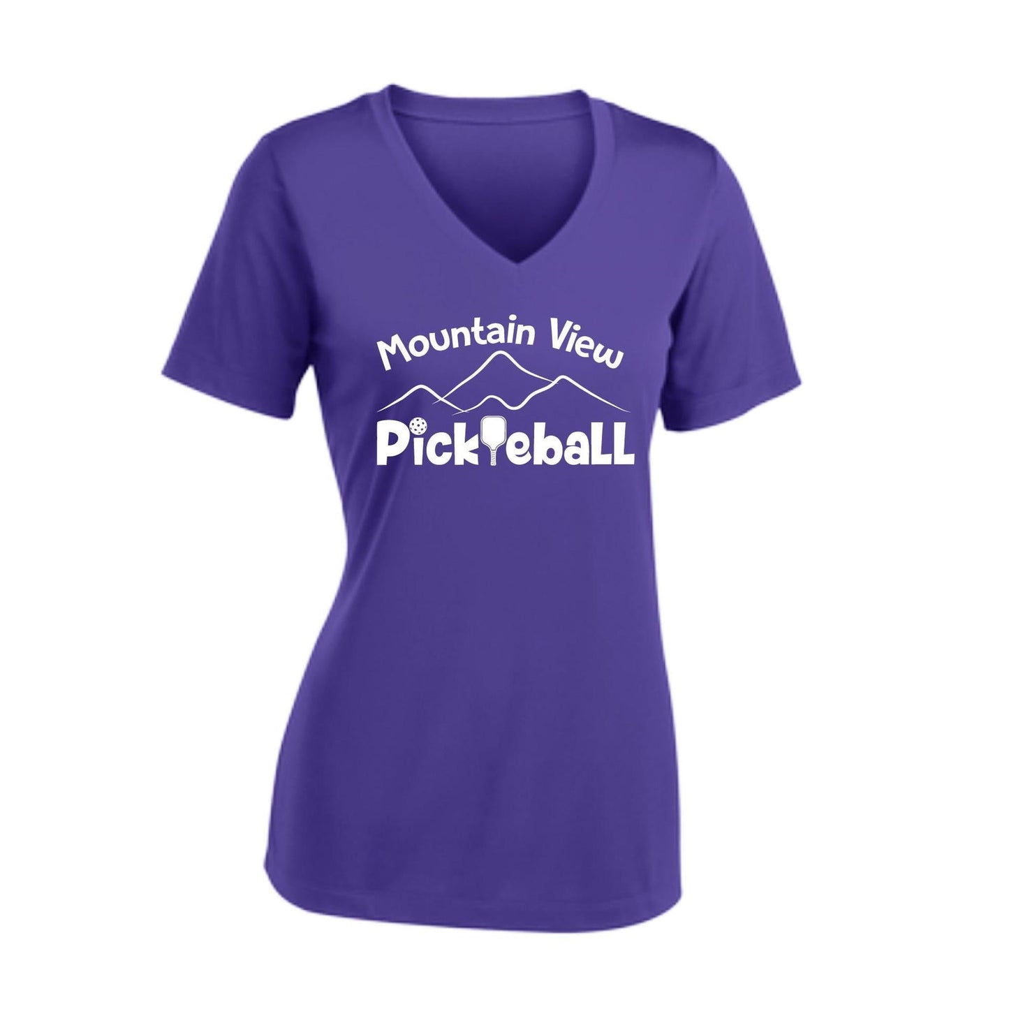 Mountain View Pickleball Club | Women's Short Sleeve V-Neck Pickleball Performance T-Shirts | 100% Polyester