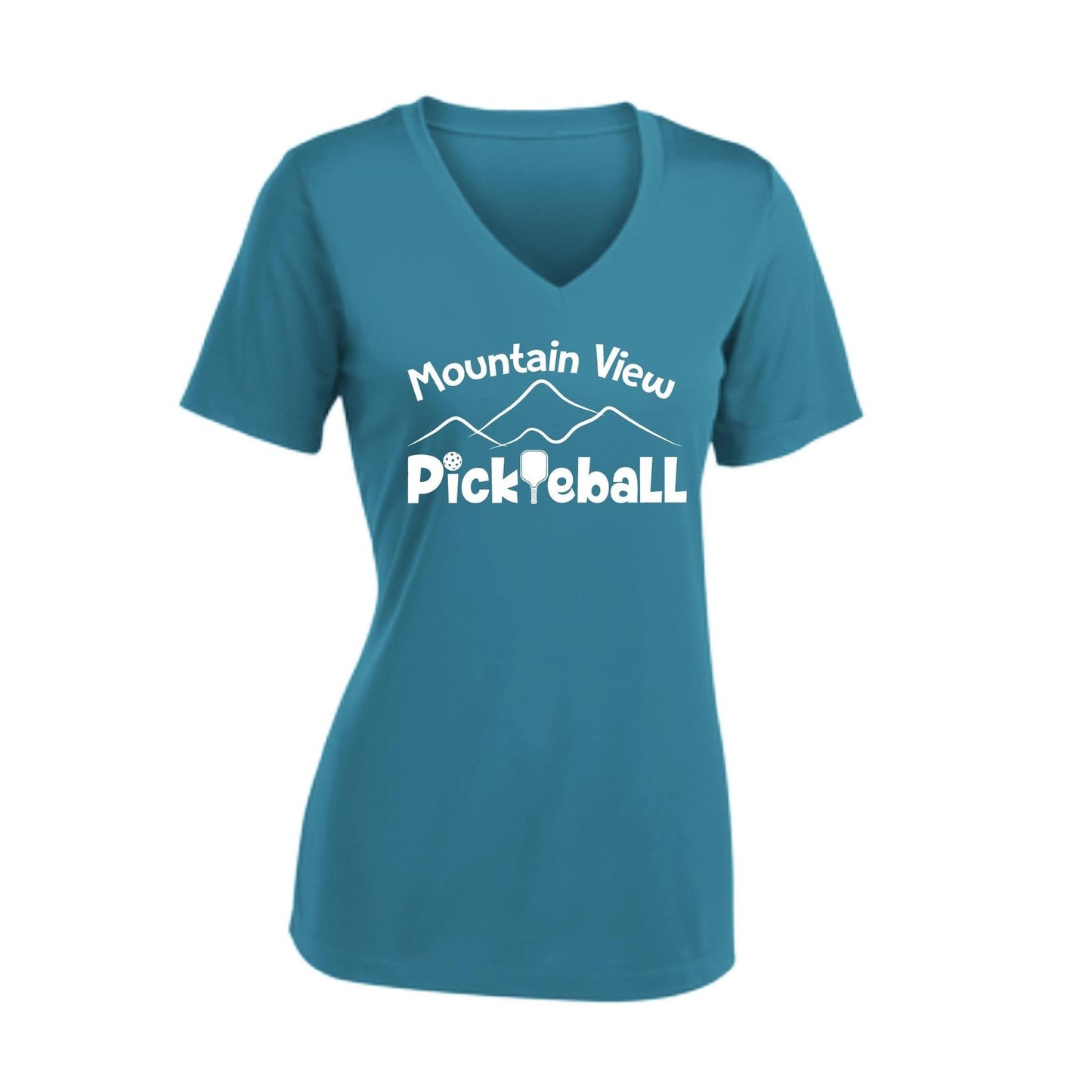 Mountain View Pickleball Club | Women's Short Sleeve V-Neck Pickleball Performance T-Shirts | 100% Polyester