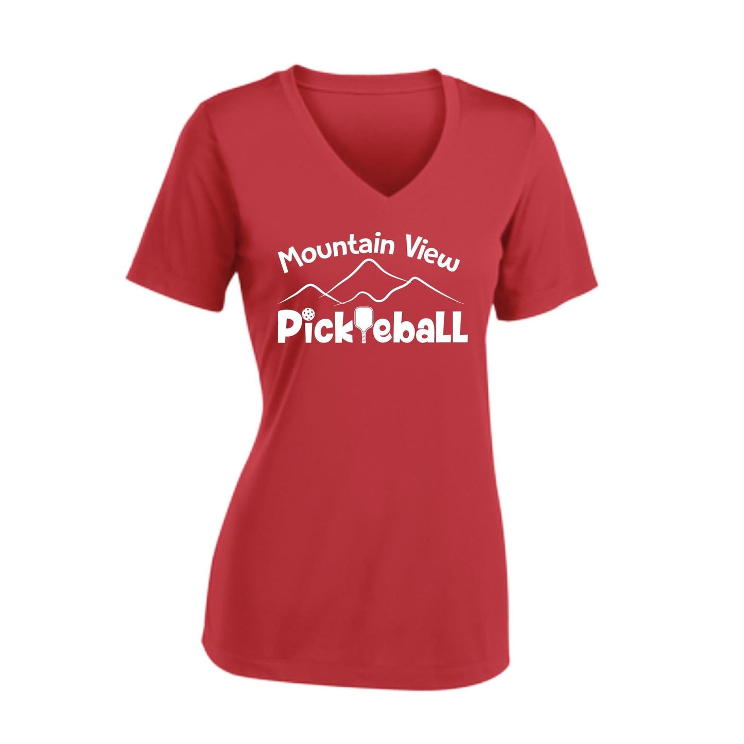 Mountain View Pickleball Club | Women's Short Sleeve V-Neck Pickleball Performance T-Shirts | 100% Polyester