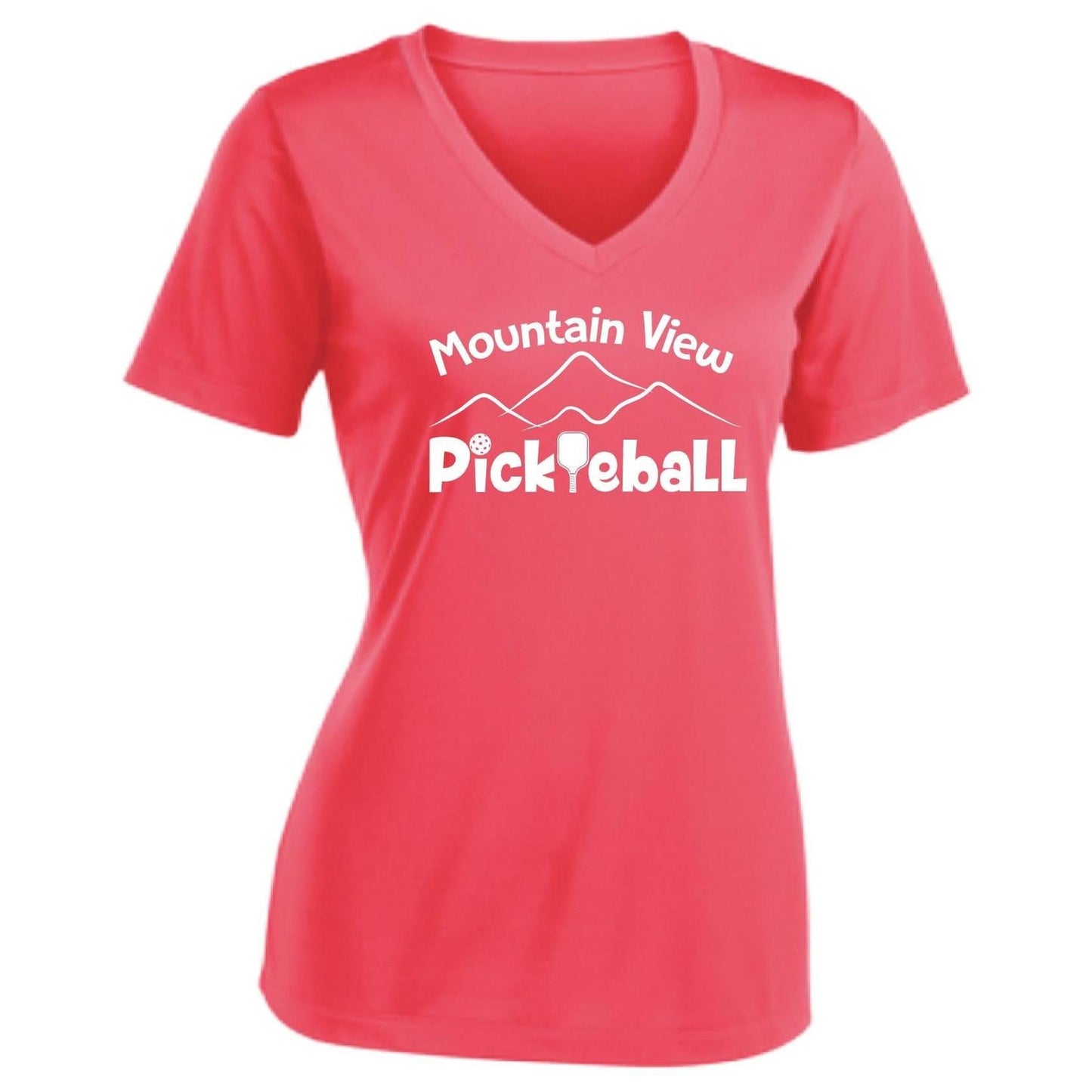 Mountain View Pickleball Club | Women's Short Sleeve V-Neck Pickleball Performance T-Shirts | 100% Polyester