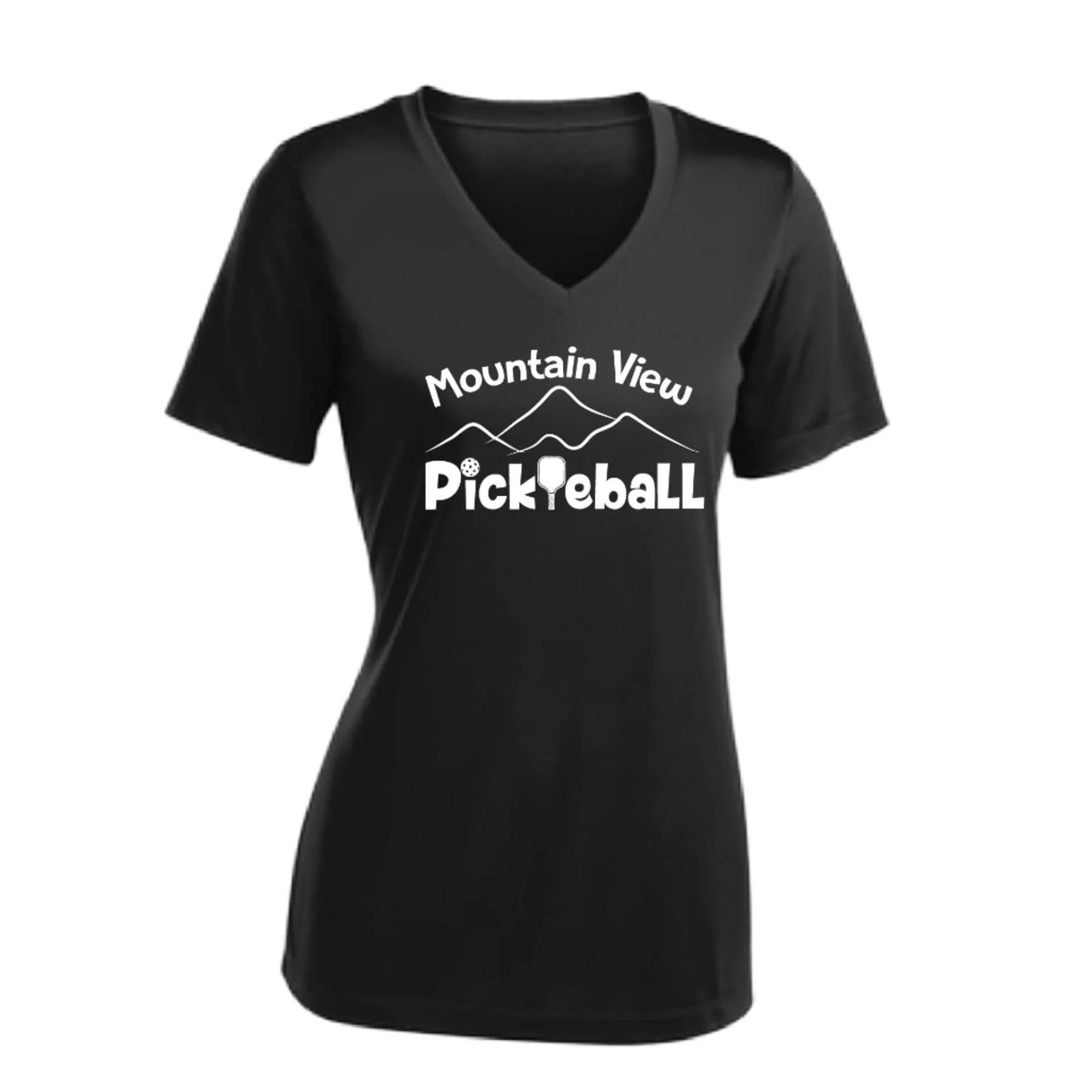 Mountain View Pickleball Club | Women's Short Sleeve V-Neck Pickleball Performance T-Shirts | 100% Polyester