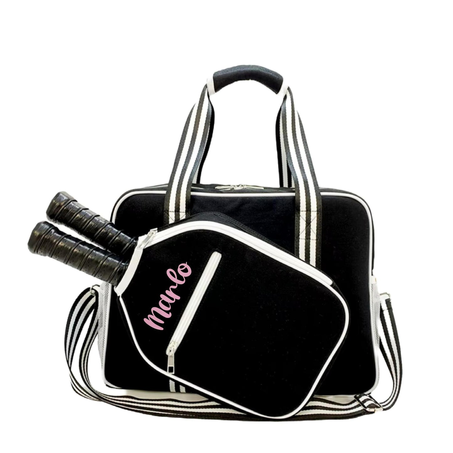 "Nightshade" Black with White Trim Pickleball Bag (Free Customization) | Pickleball Sports Bag | Medium Size Court Bag