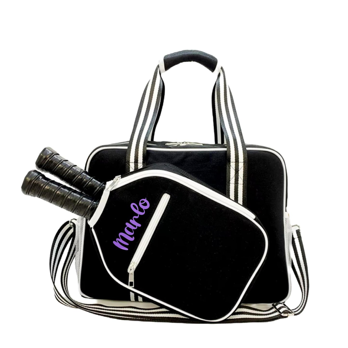 "Nightshade" Black with White Trim Pickleball Bag (Free Customization) | Pickleball Sports Bag | Medium Size Court Bag