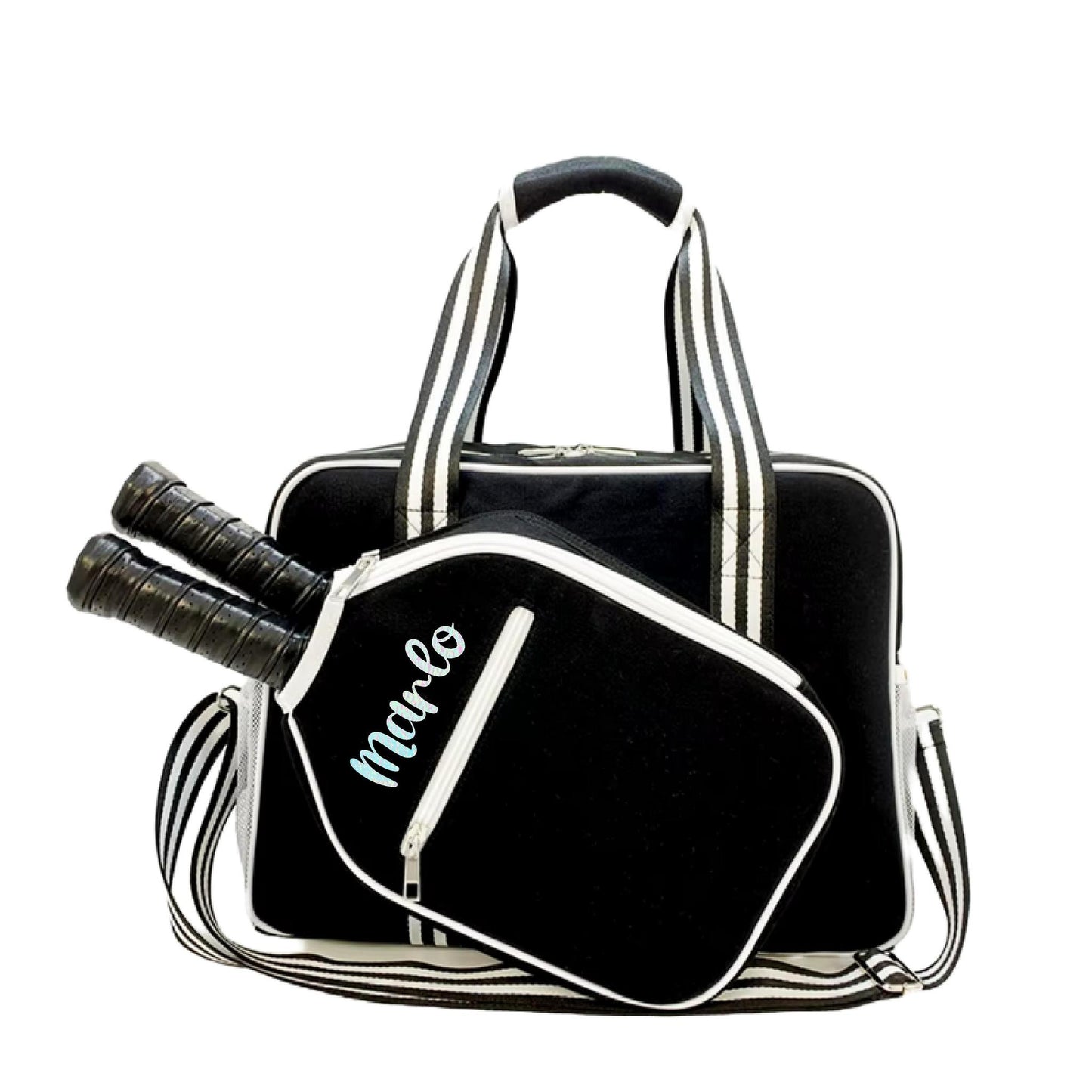 "Nightshade" Black with White Trim Pickleball Bag (Free Customization) | Pickleball Sports Bag | Medium Size Court Bag