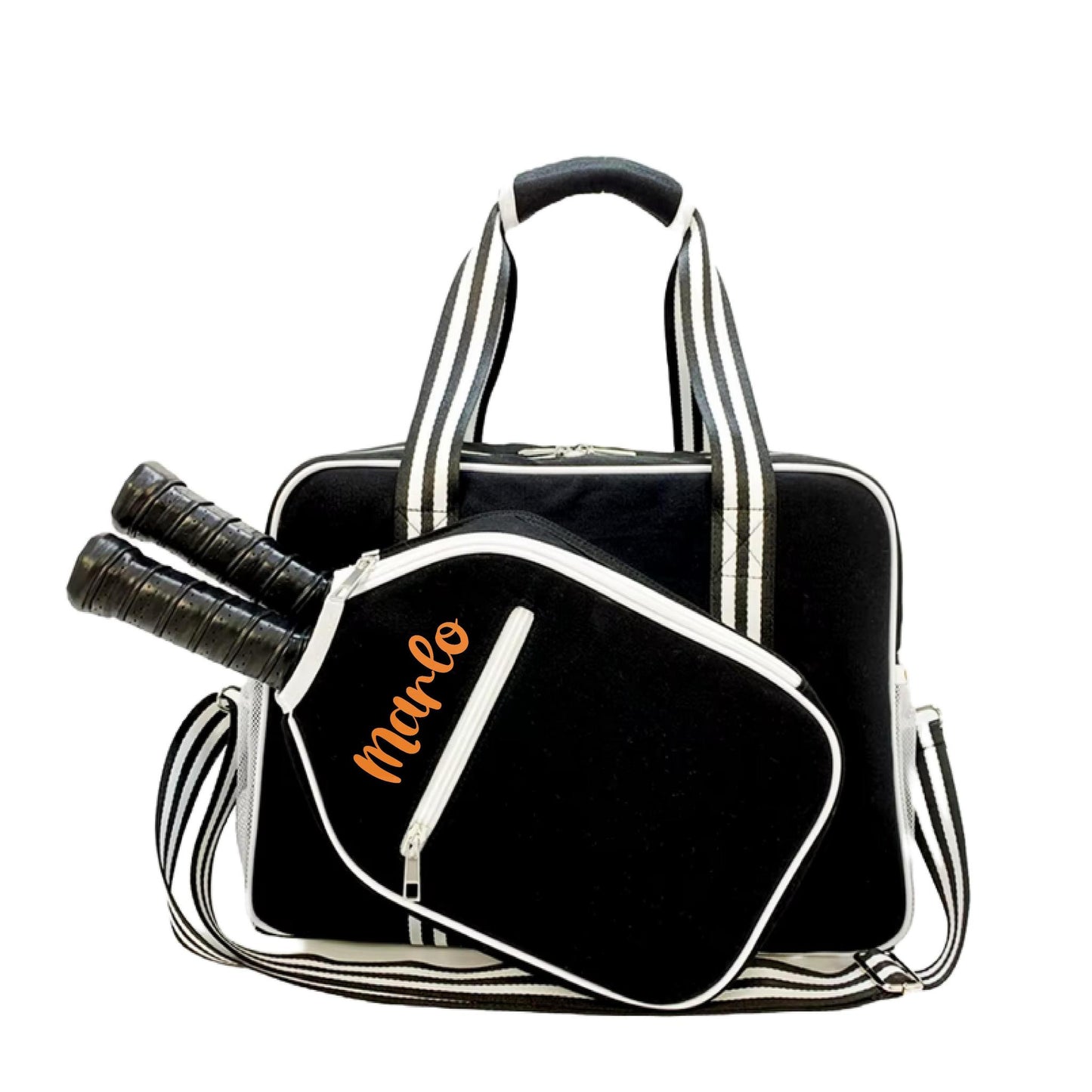 "Nightshade" Black with White Trim Pickleball Bag (Free Customization) | Pickleball Sports Bag | Medium Size Court Bag