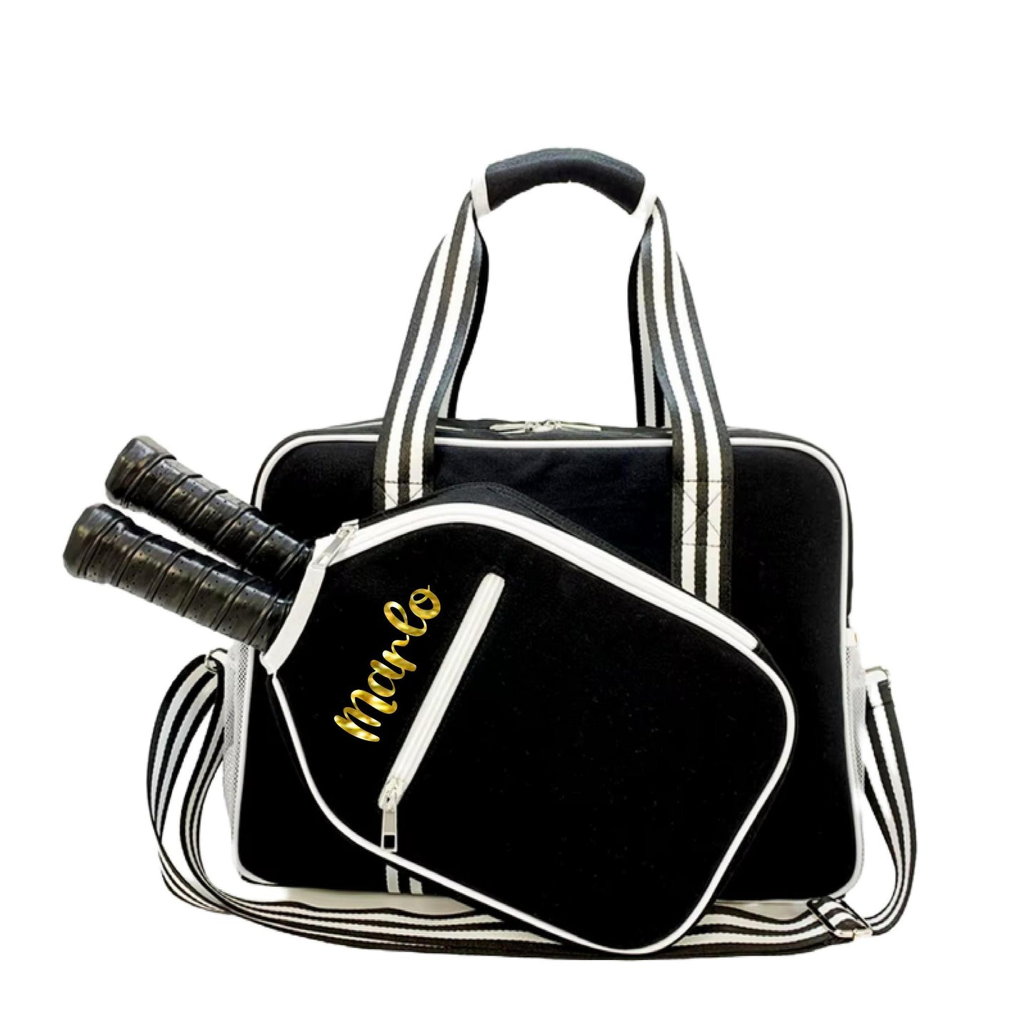 "Nightshade" Black with White Trim Pickleball Bag (Free Customization) | Pickleball Sports Bag | Medium Size Court Bag