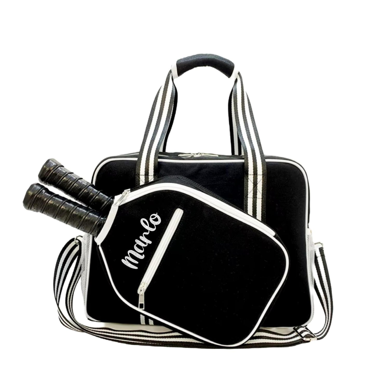 "Nightshade" Black with White Trim Pickleball Bag (Free Customization) | Pickleball Sports Bag | Medium Size Court Bag