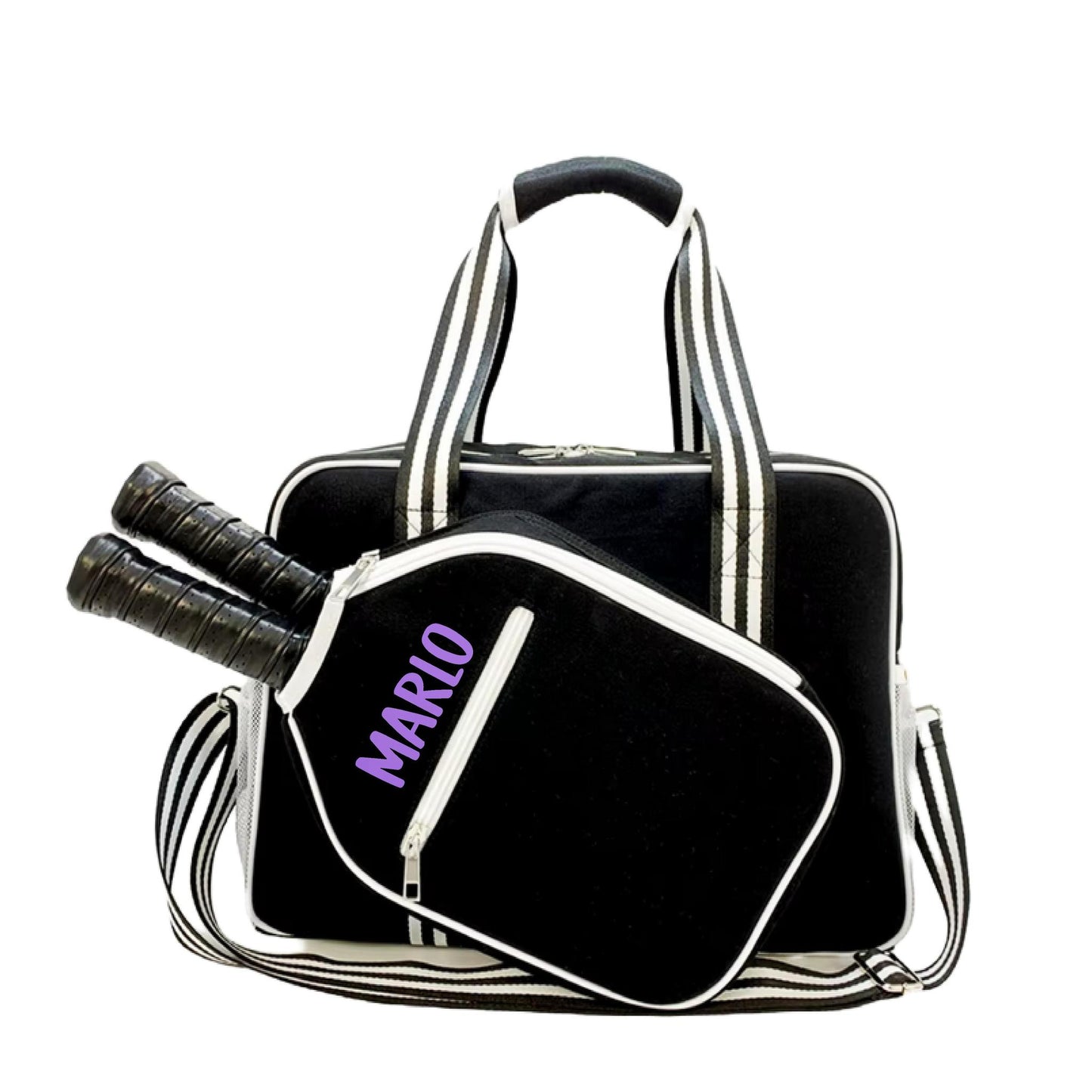 "Nightshade" Black with White Trim Pickleball Bag (Free Customization) | Pickleball Sports Bag | Medium Size Court Bag