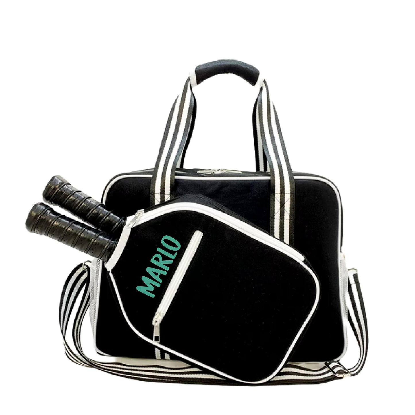 "Nightshade" Black with White Trim Pickleball Bag (Free Customization) | Pickleball Sports Bag | Medium Size Court Bag