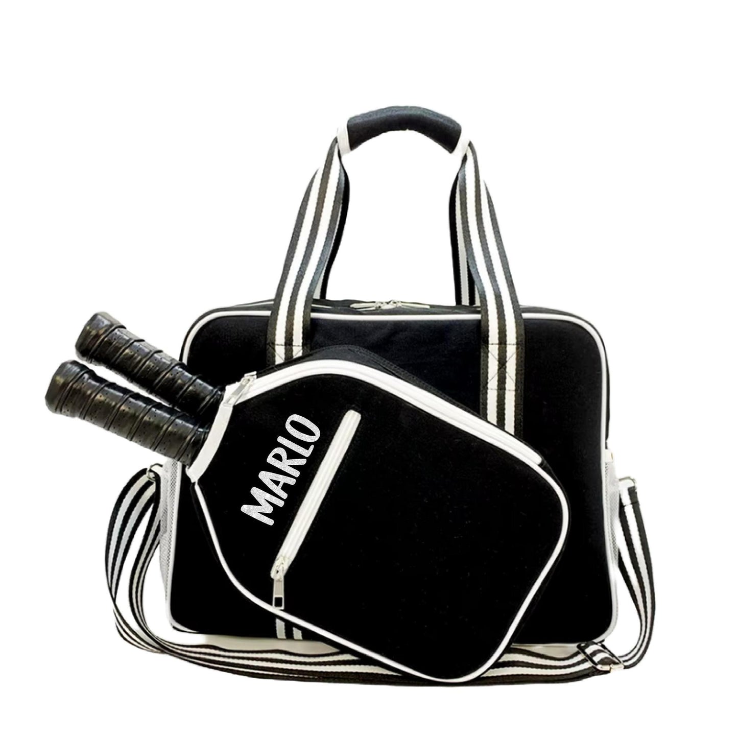 "Nightshade" Black with White Trim Pickleball Bag (Free Customization) | Pickleball Sports Bag | Medium Size Court Bag