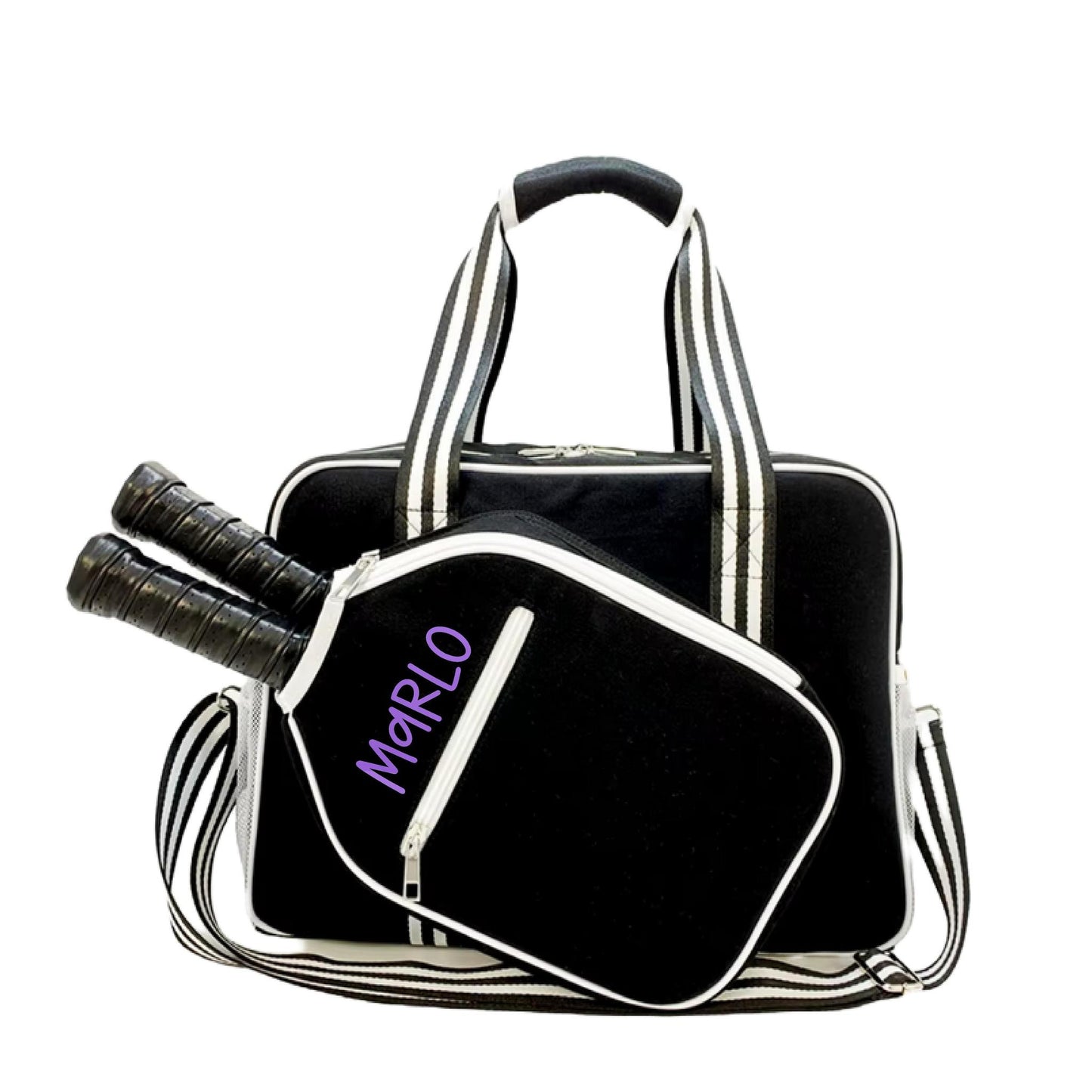 "Nightshade" Black with White Trim Pickleball Bag (Free Customization) | Pickleball Sports Bag | Medium Size Court Bag