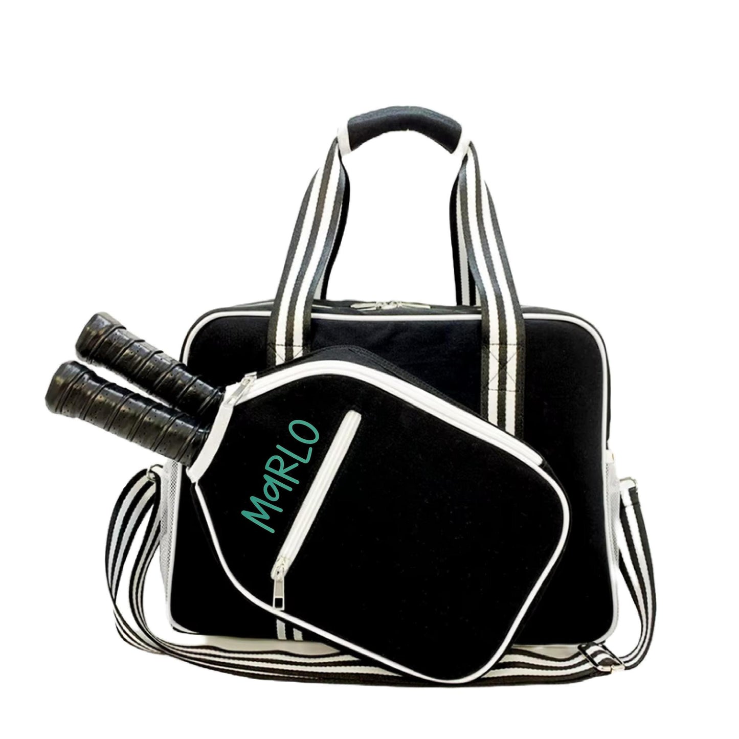 "Nightshade" Black with White Trim Pickleball Bag (Free Customization) | Pickleball Sports Bag | Medium Size Court Bag