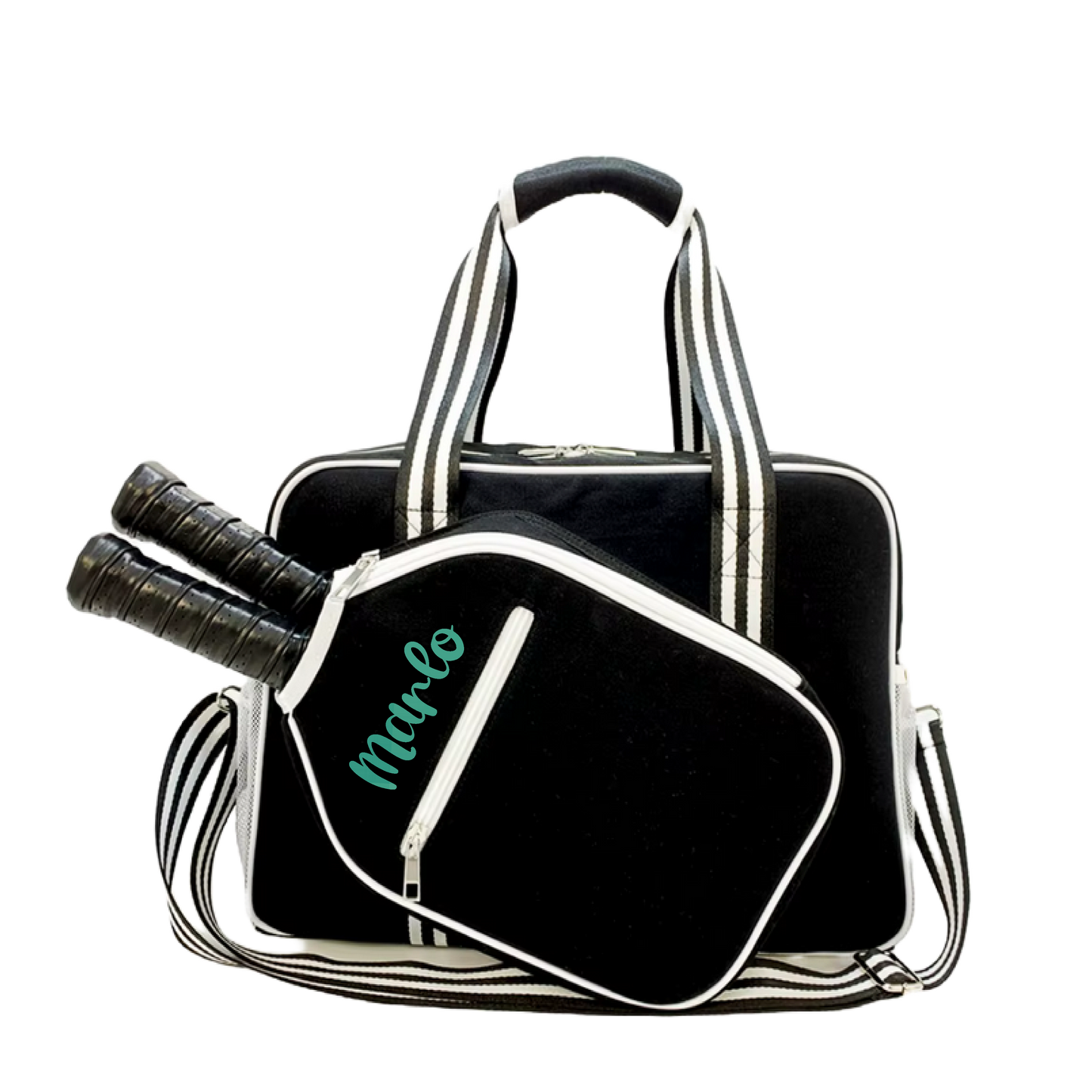 "Nightshade" Black with White Trim Pickleball Bag (Free Customization) | Pickleball Sports Bag | Medium Size Court Bag