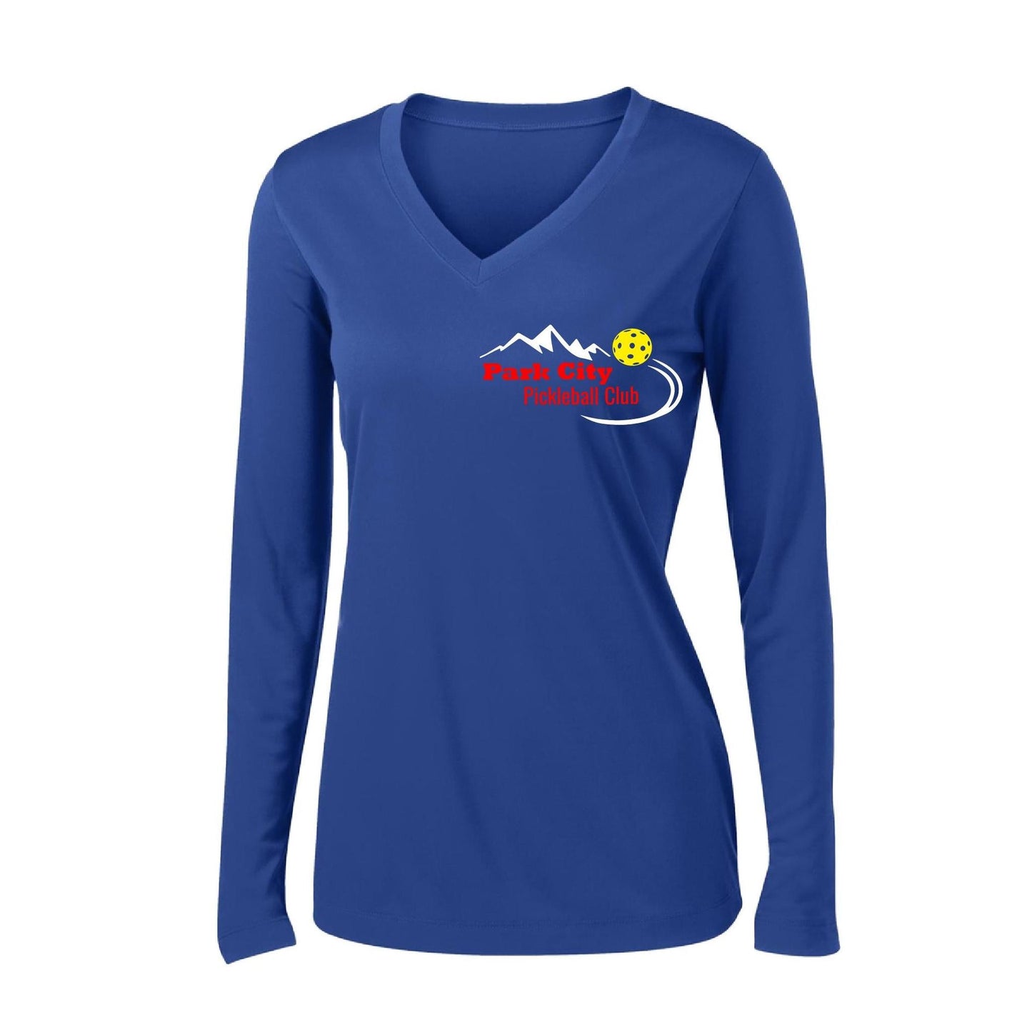 Park City Pickleball Club (Red) | Women's Long Sleeve V-Neck Pickleball Performance T-Shirts | 100% Polyester