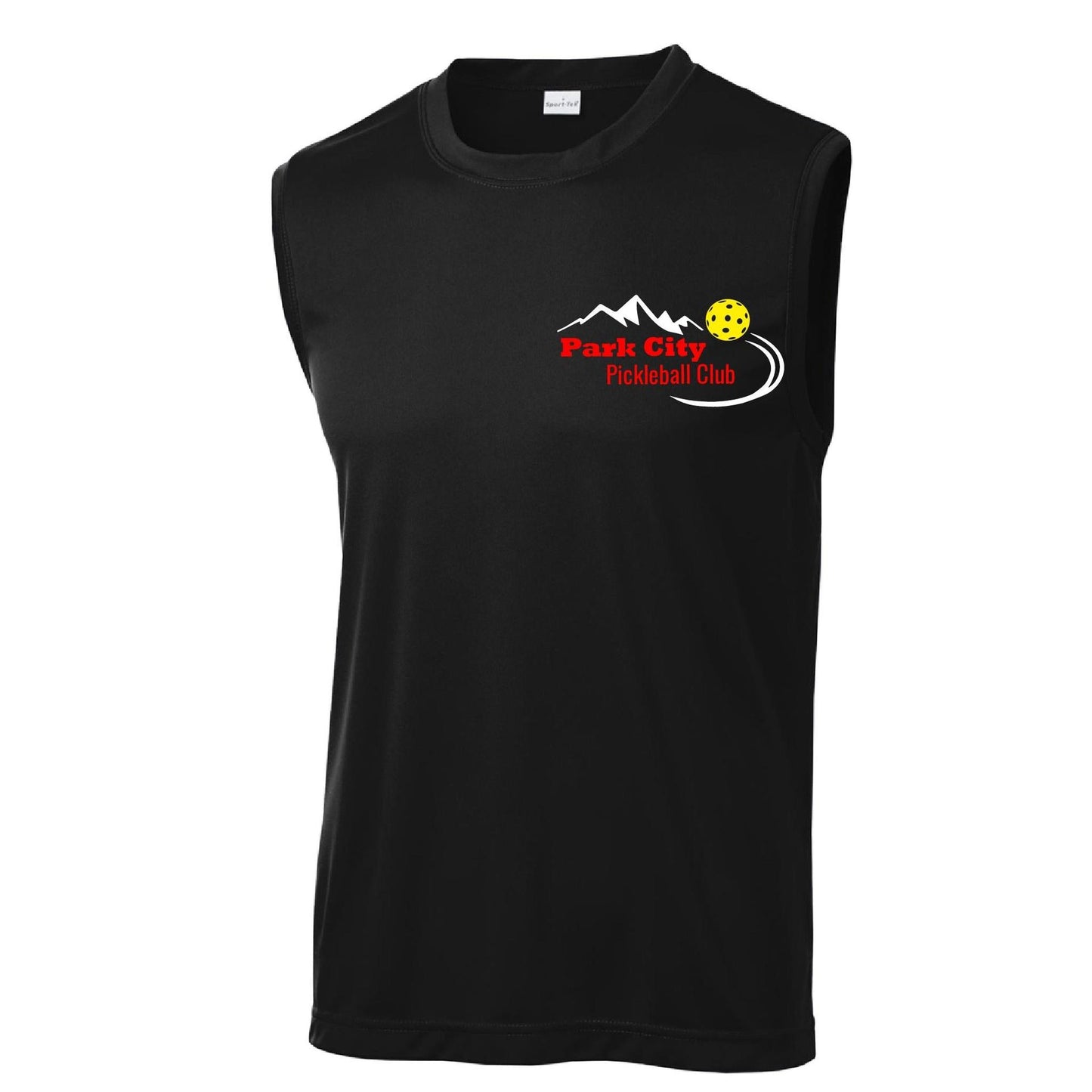 Park City Pickleball Club (Red Words) Customizable | Men's Sleeveess Atheletic Performance T-Shirt | 100% Polyester