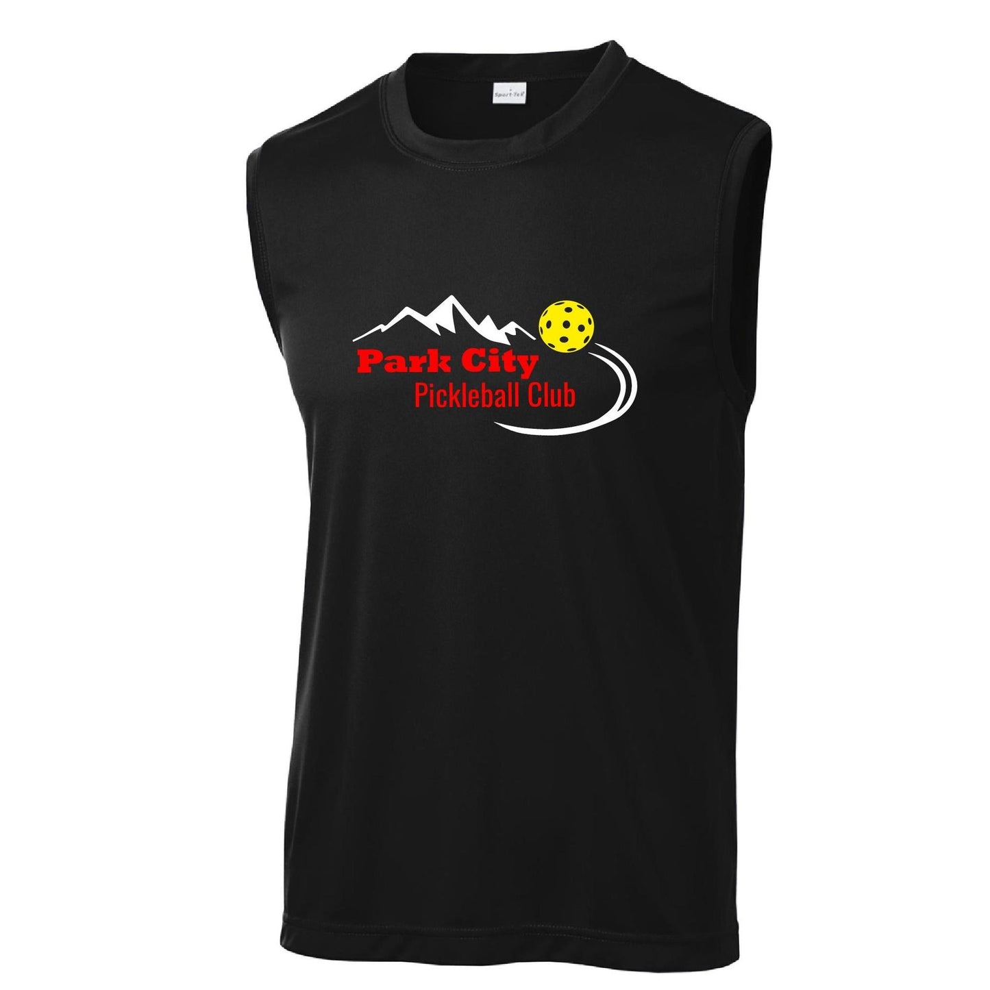 Park City Pickleball Club (Red Words) Customizable | Men's Sleeveess Atheletic Performance T-Shirt | 100% Polyester