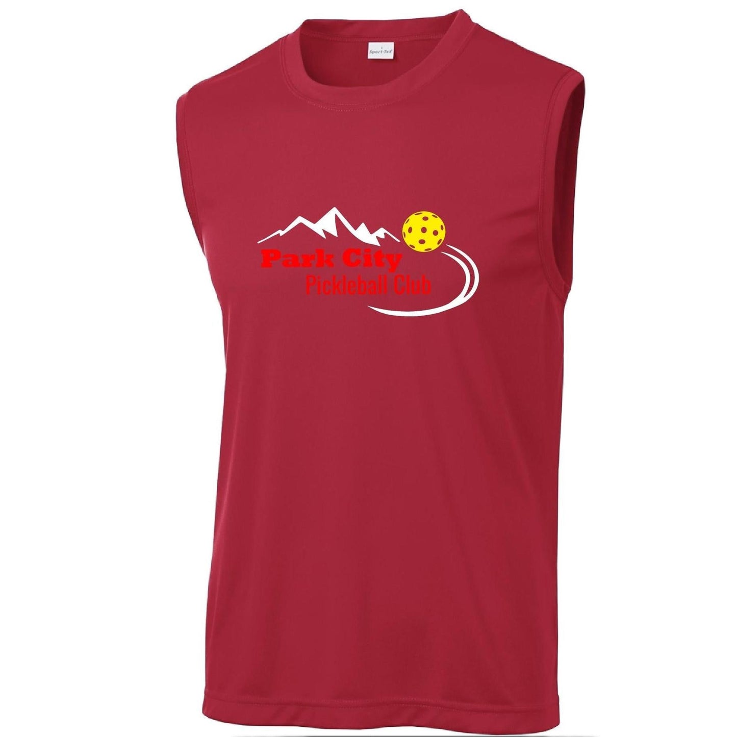 Park City Pickleball Club (Red Words) Customizable | Men's Sleeveess Atheletic Performance T-Shirt | 100% Polyester