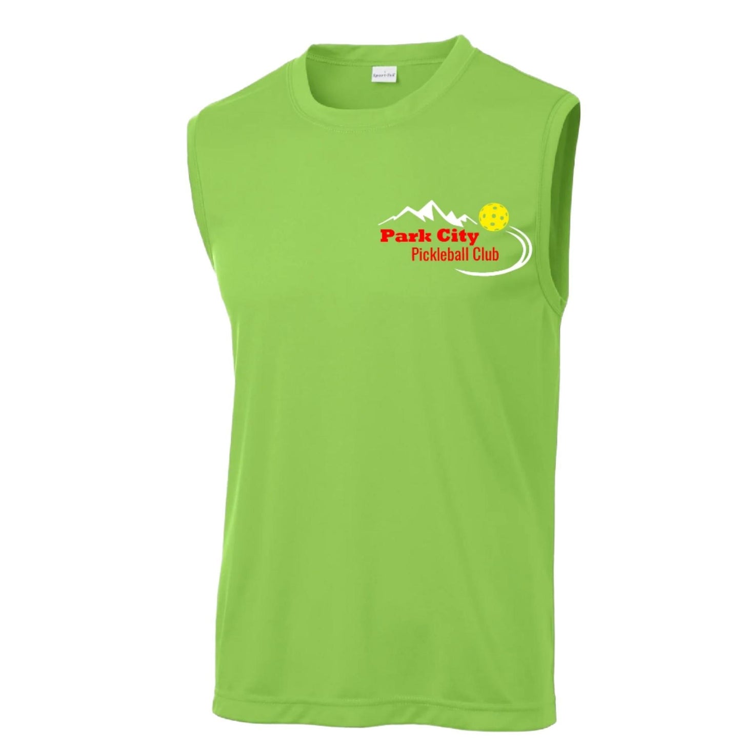Park City Pickleball Club (Red Words) Customizable | Men's Sleeveess Atheletic Performance T-Shirt | 100% Polyester
