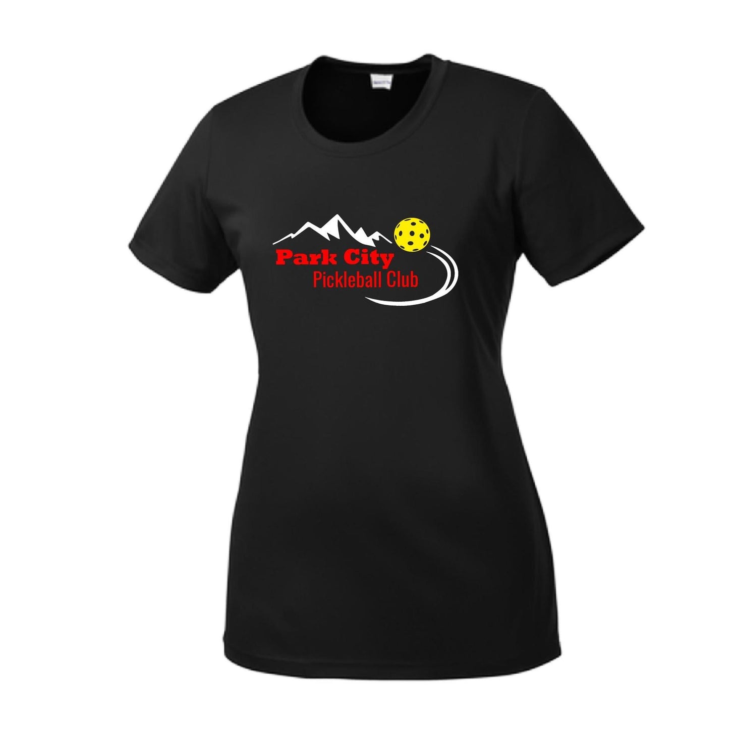 Park City Pickleball Club (Red Words) Customizable | Women’s Short Sleeve Crewneck Pickleball Performance T-Shirts | 100% Polyester