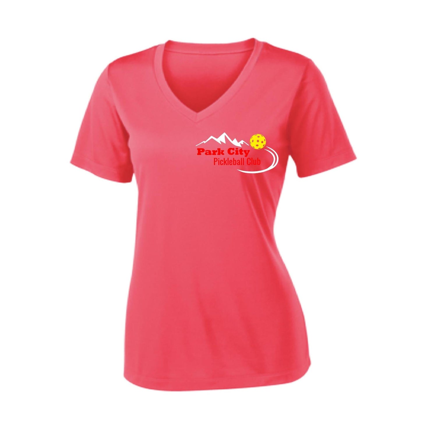 Park City Pickleball Club (Red Words) Customizable | Women's Short Sleeve V-Neck Pickleball Performance T-Shirts | 100% Polyester