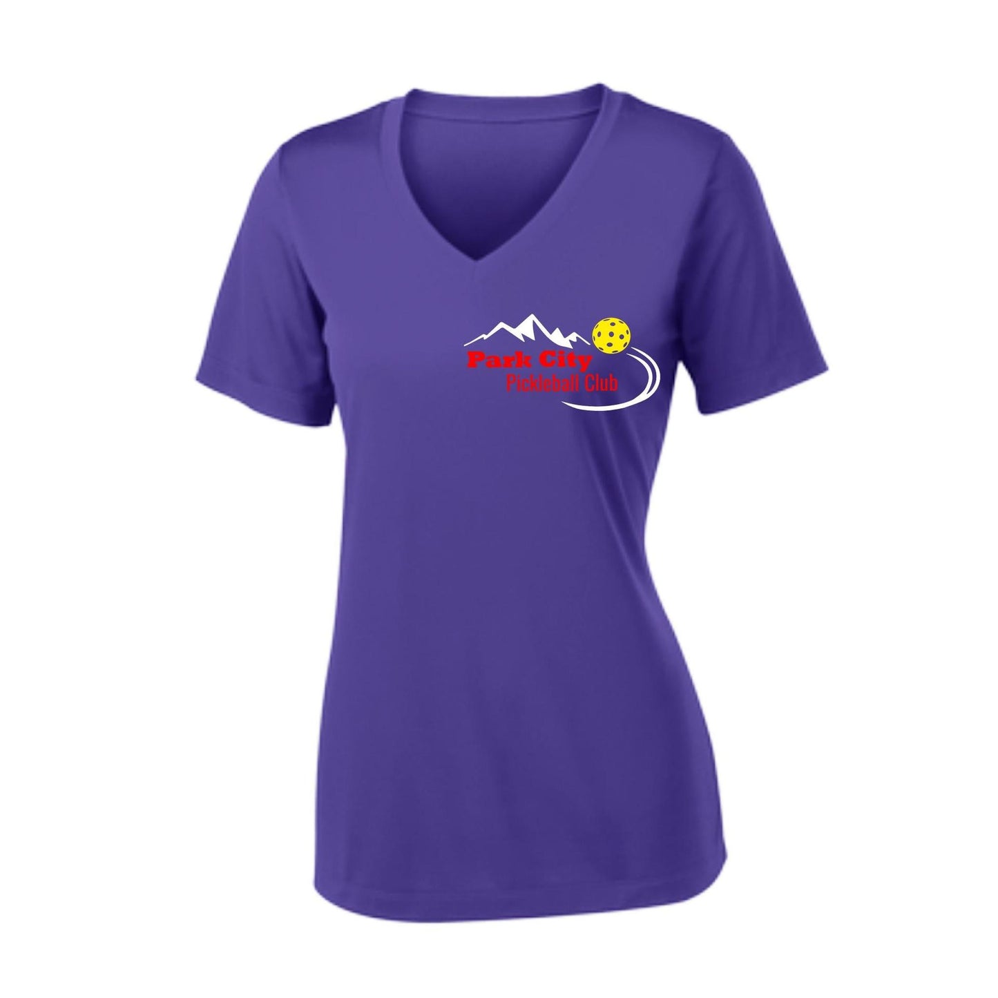 Park City Pickleball Club (Red Words) Customizable | Women's Short Sleeve V-Neck Pickleball Performance T-Shirts | 100% Polyester