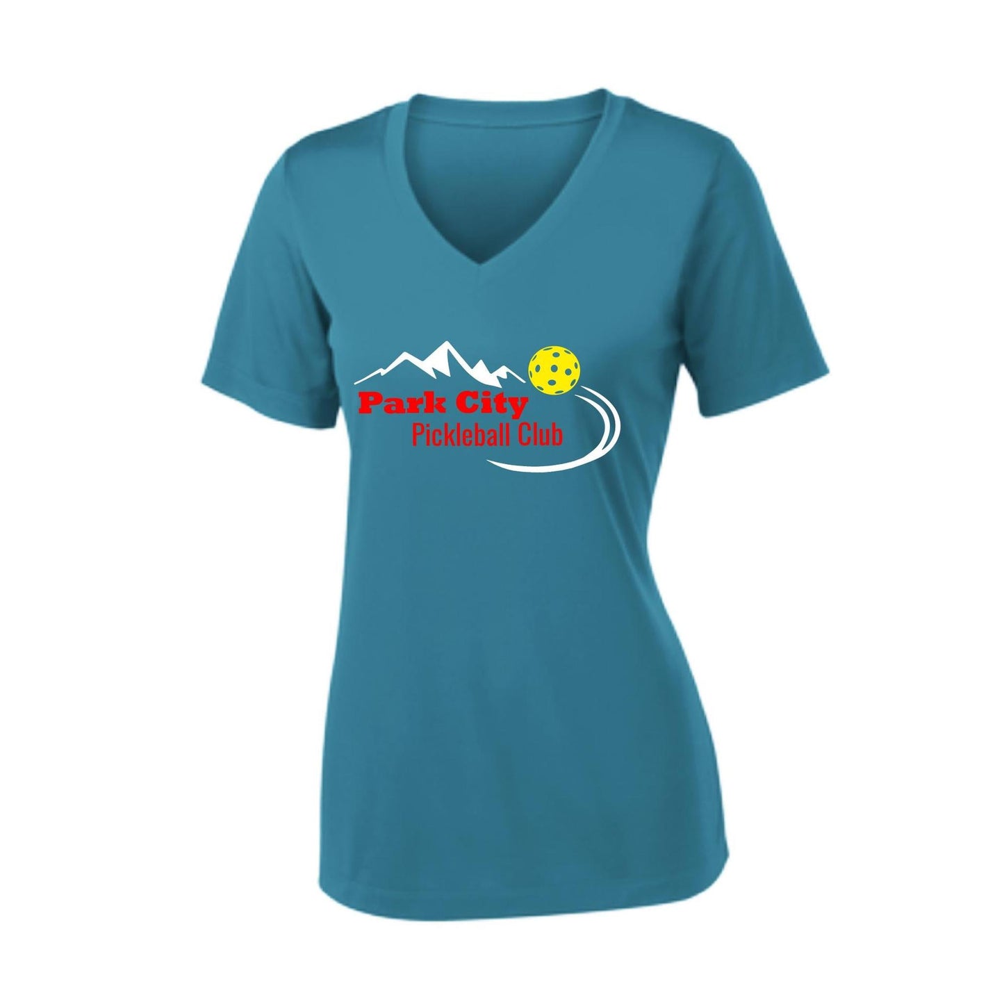 Park City Pickleball Club (Red Words) Customizable | Women's Short Sleeve V-Neck Pickleball Performance T-Shirts | 100% Polyester