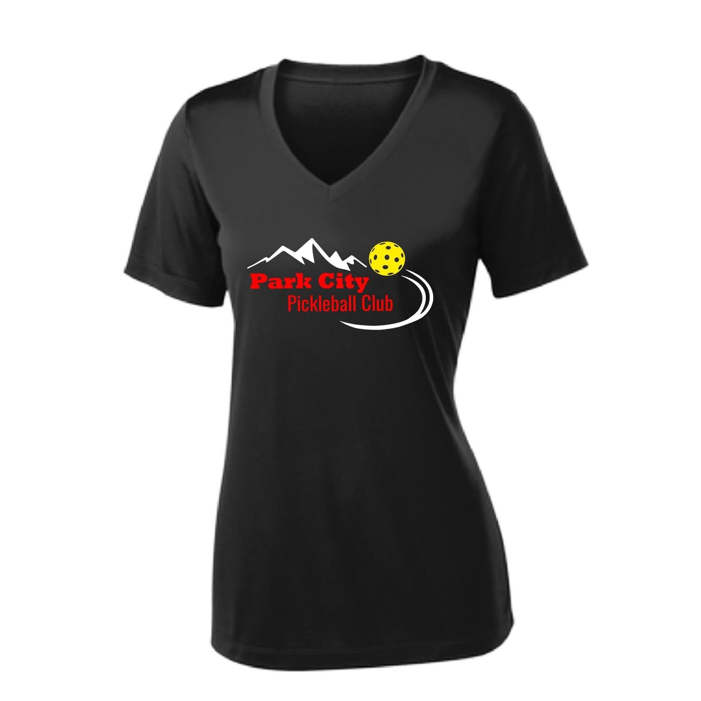 Park City Pickleball Club (Red Words) Customizable | Women's Short Sleeve V-Neck Pickleball Performance T-Shirts | 100% Polyester