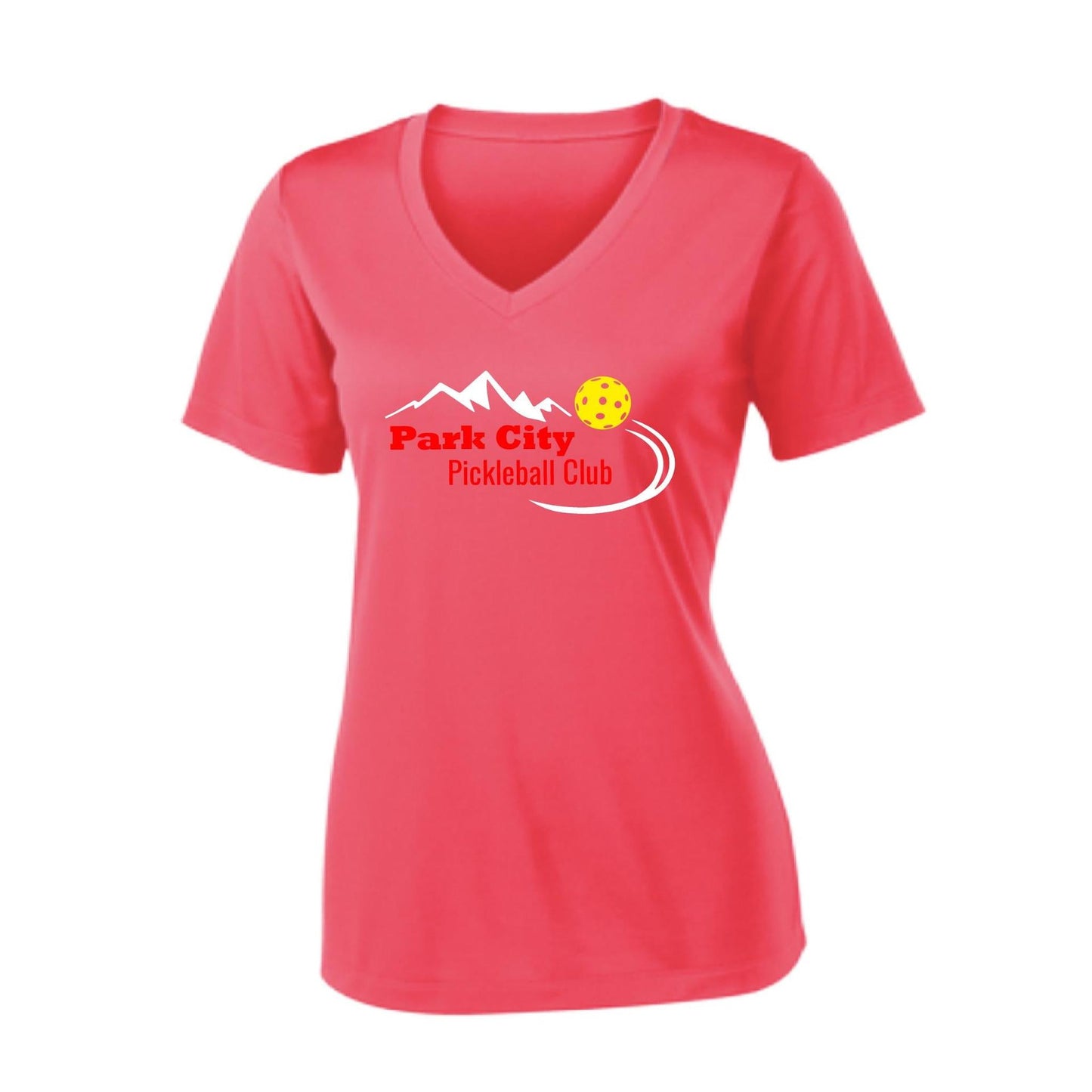 Park City Pickleball Club (Red Words) Customizable | Women's Short Sleeve V-Neck Pickleball Performance T-Shirts | 100% Polyester