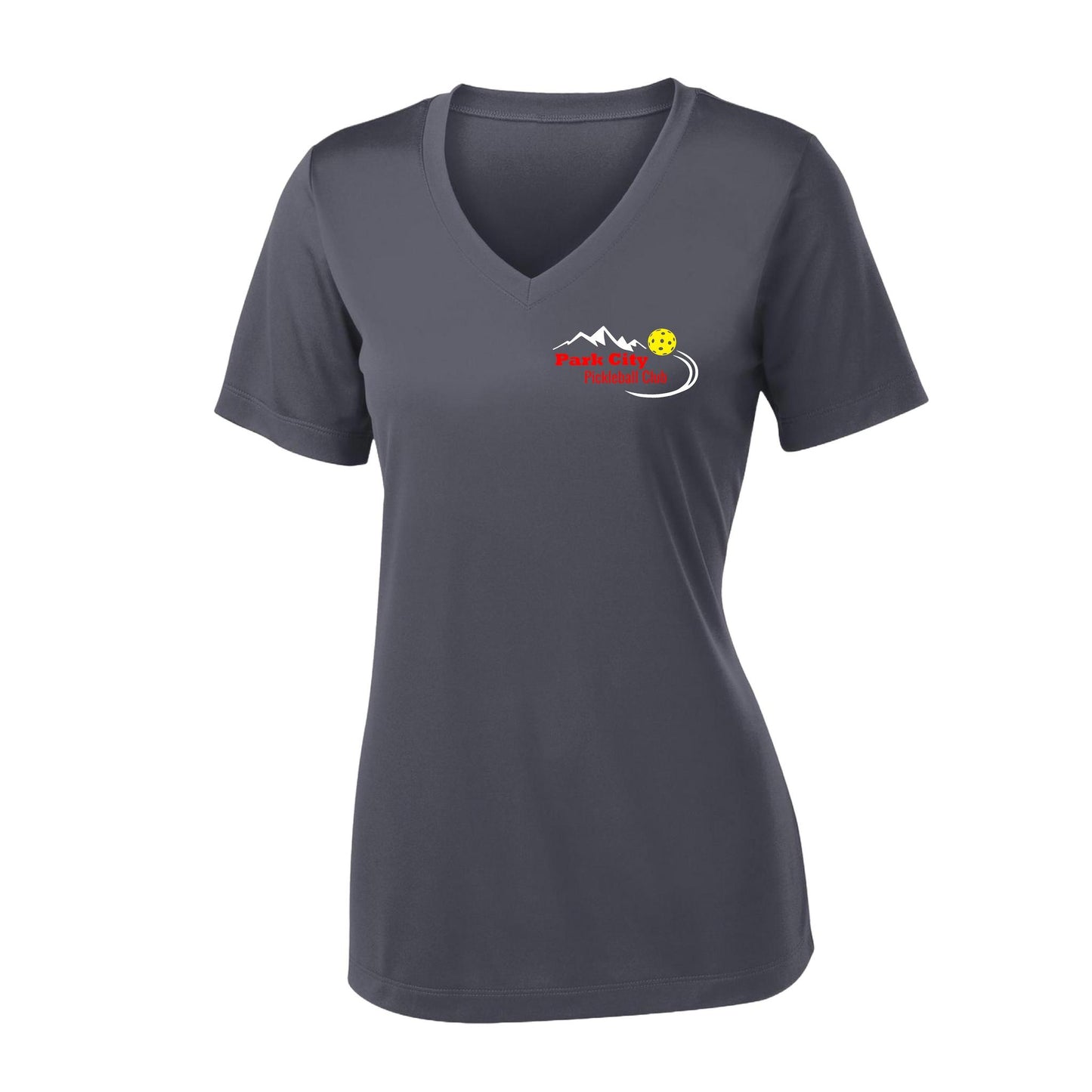 Park City Pickleball Club (Red Words) Customizable | Women's Short Sleeve V-Neck Pickleball Performance T-Shirts | 100% Polyester