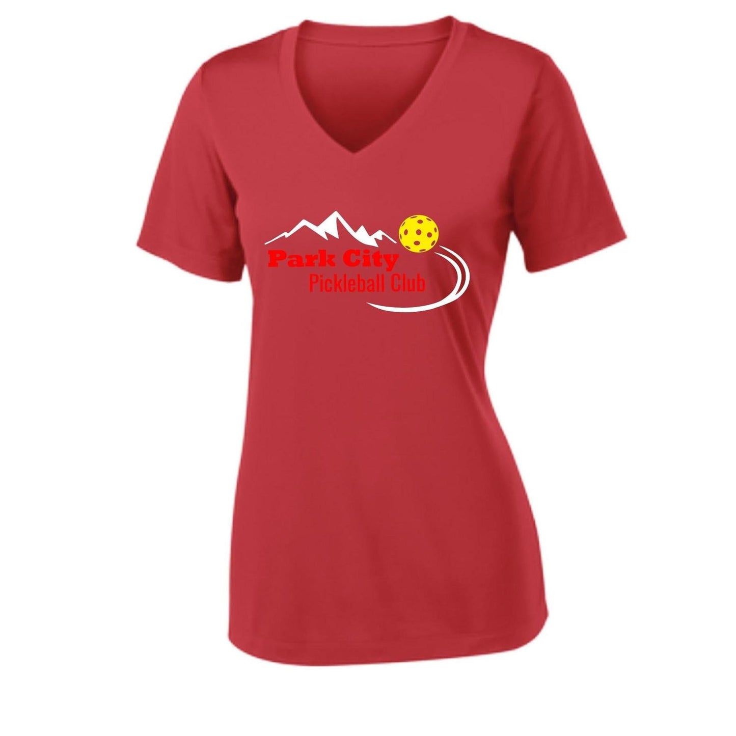Park City Pickleball Club (Red Words) Customizable | Women's Short Sleeve V-Neck Pickleball Performance T-Shirts | 100% Polyester